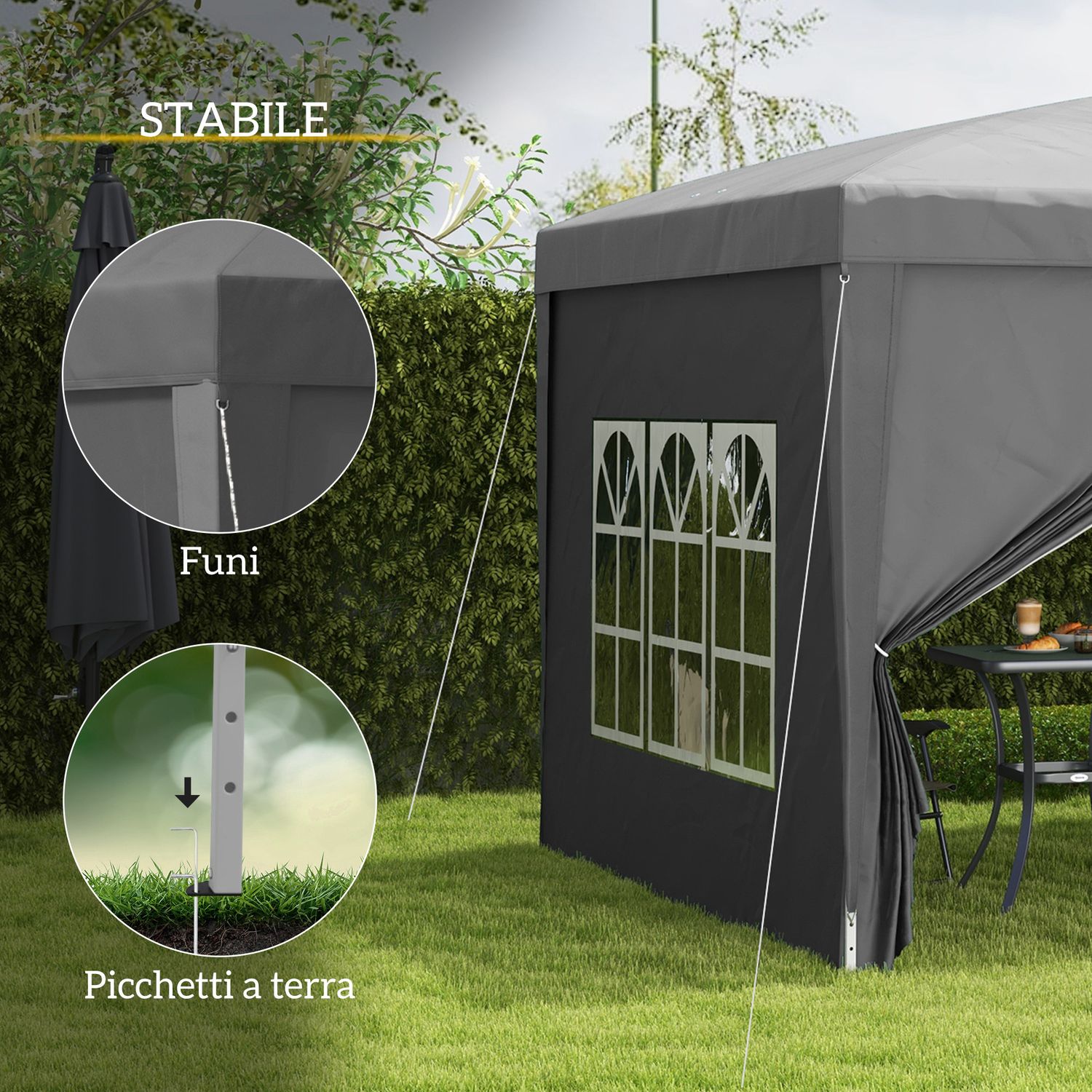 Gazebo da esterno 3x3 m pieghevole con 4 pannelli laterali, in acciaio e tessuto oxford grigio - 