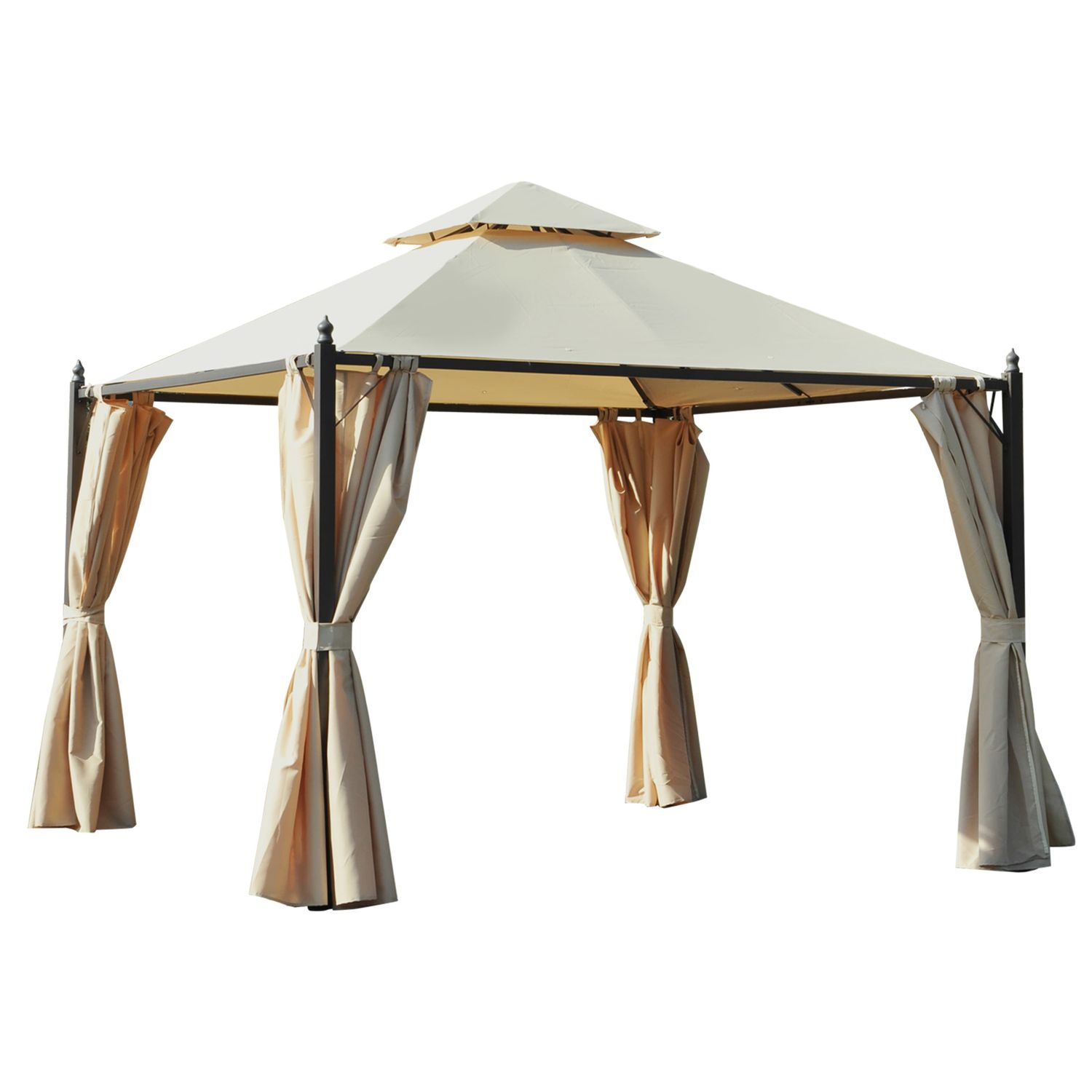 Gazebo da giardino 3 x 3m con 4 tende laterali e doppio tetto beige - 