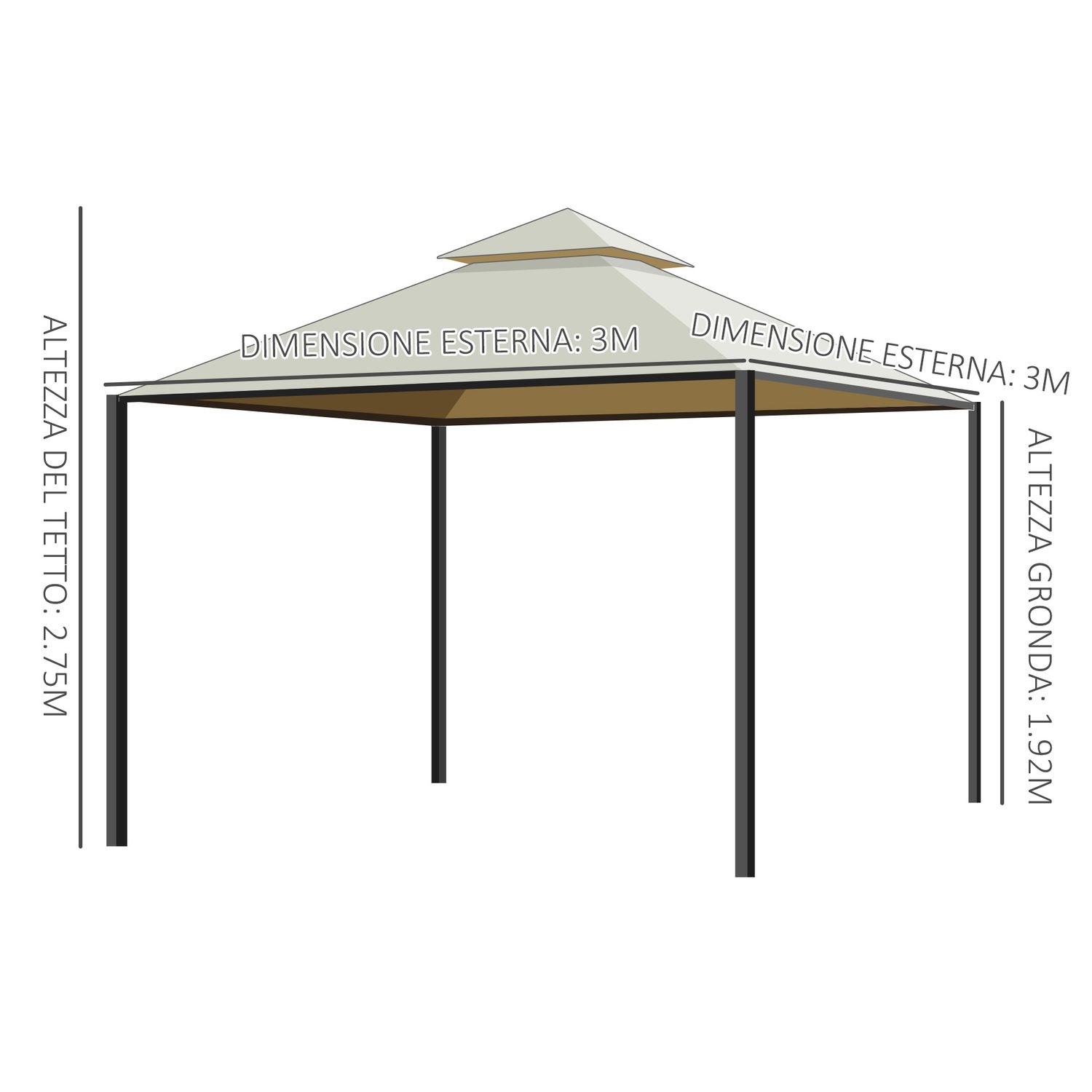 Gazebo da giardino 3 x 3m con 4 tende laterali e doppio tetto beige - 