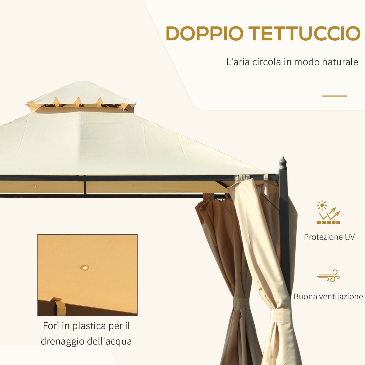 Gazebo da giardino 3 x 3m con 4 tende laterali e doppio tetto beige - 
