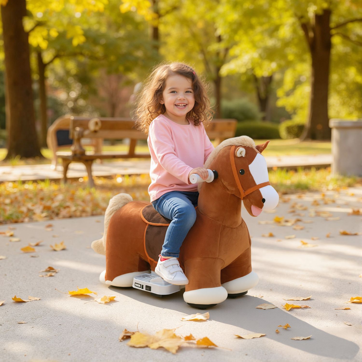 Cavallo elettrico per bambini con pedali, rotelle e suoni, in peluche e metallo, 74x34x51 cm, marrone - 