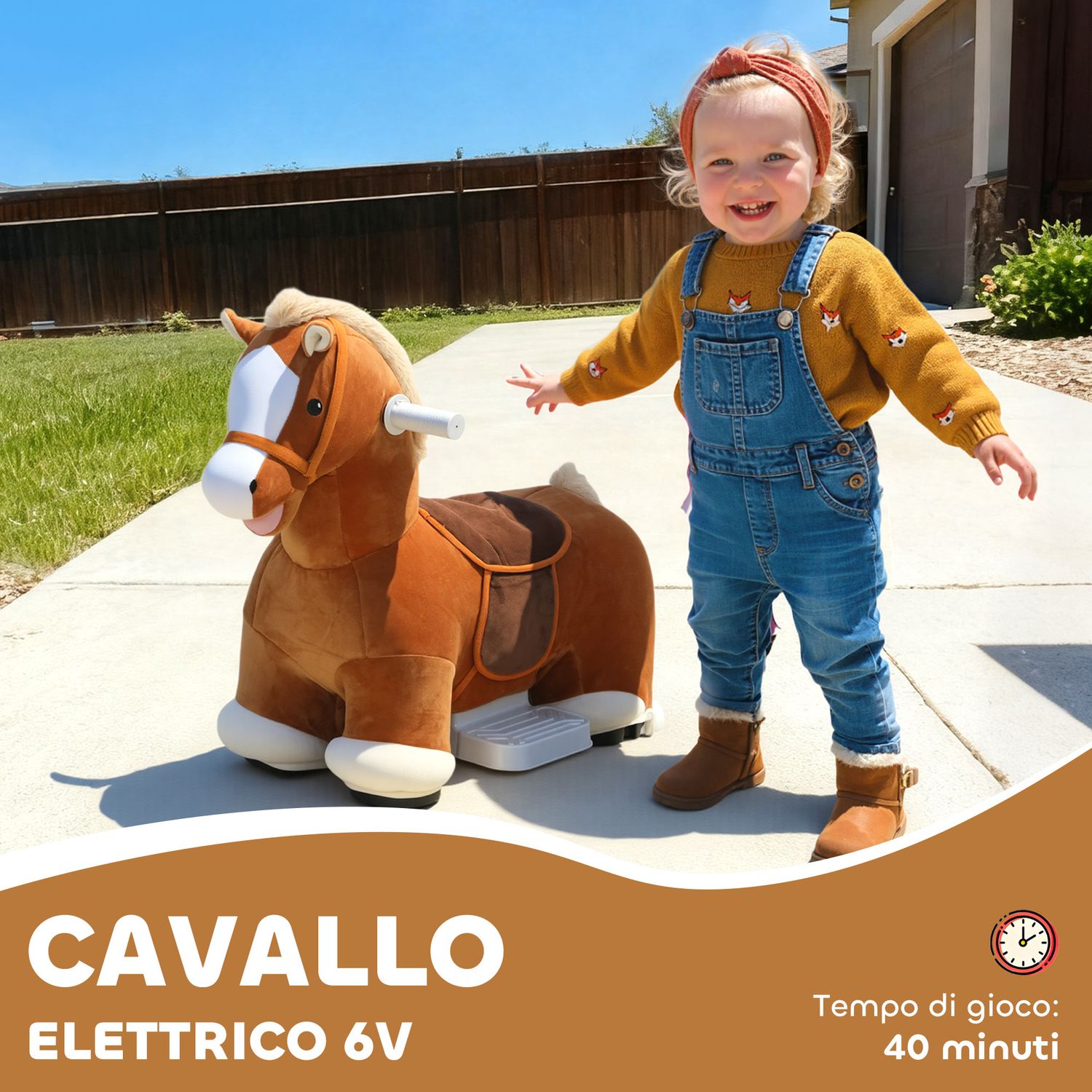Cavallo elettrico per bambini con pedali, rotelle e suoni, in peluche e metallo, 74x34x51 cm, marrone - 
