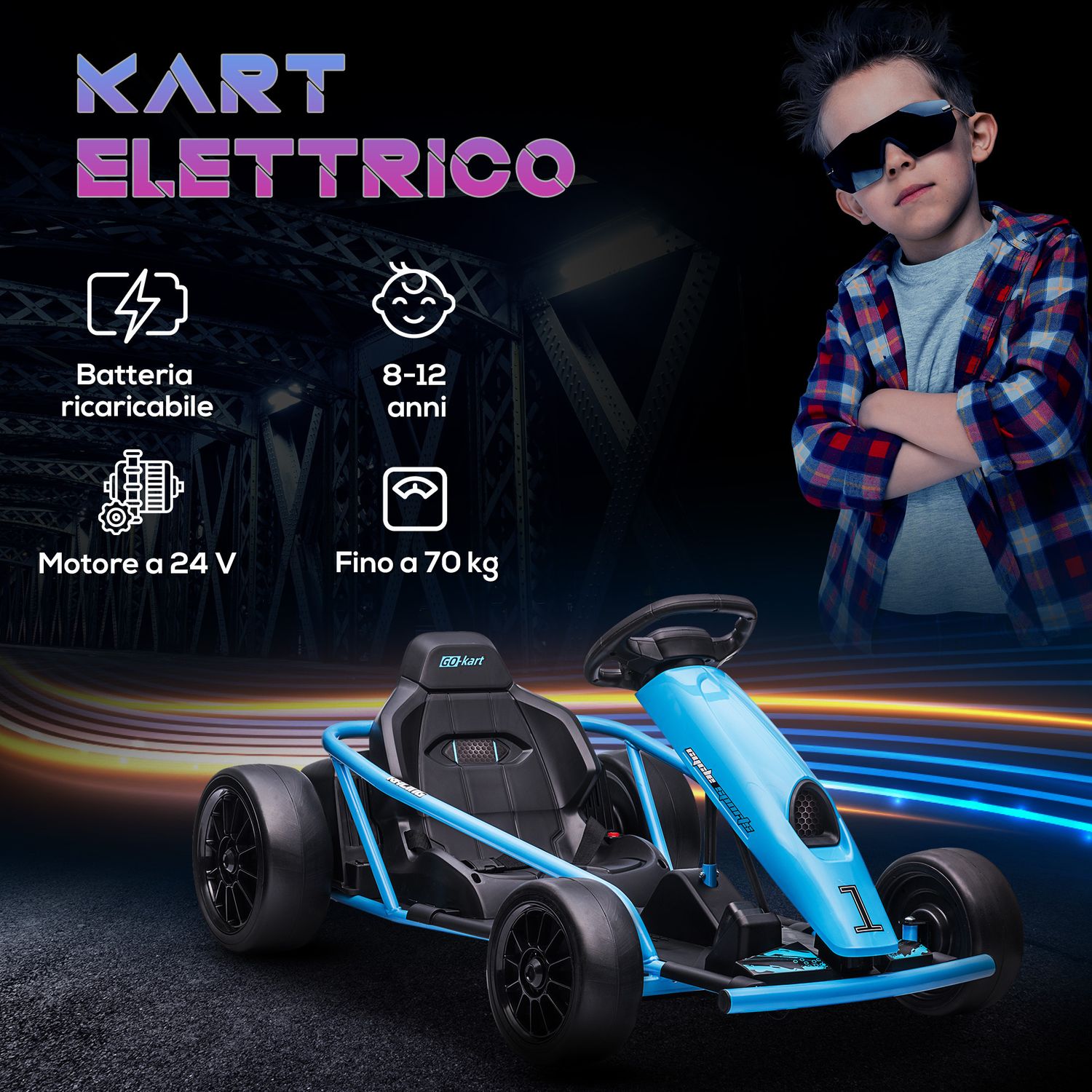 Go-kart elettrico per bambini 8-12 anni con schienale alto e cintura di sicurezza, 115x77x54 cm, blu e nero - 
