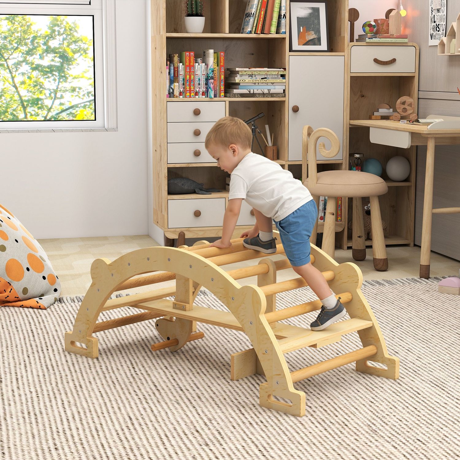 Arco montessori in legno per bambini 2-4 anni convertibile in dondolo 110x52x45 cm, color legno - 