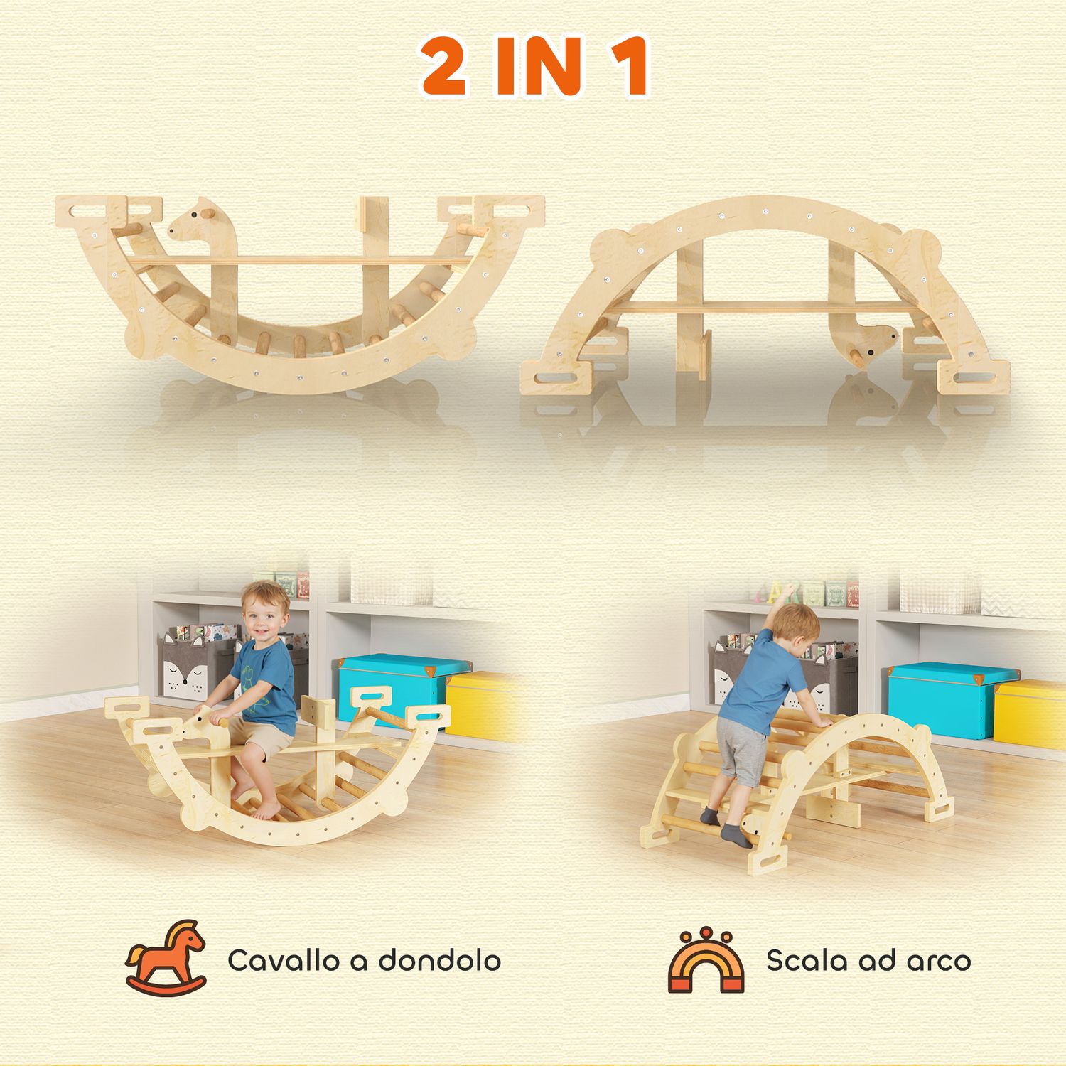 Arco montessori in legno per bambini 2-4 anni convertibile in dondolo 110x52x45 cm, color legno - 