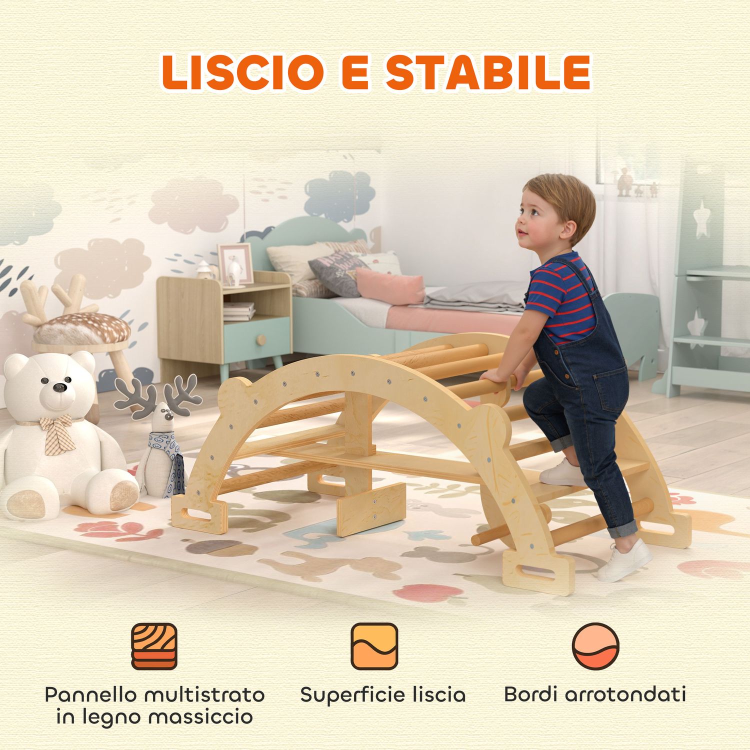 Arco montessori in legno per bambini 2-4 anni convertibile in dondolo 110x52x45 cm, color legno - 