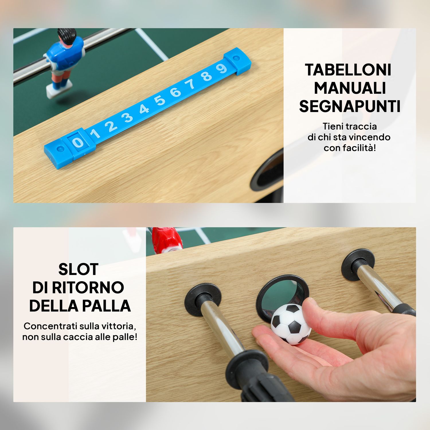 Calcio balilla pieghevole con impugnature antiscivolo, 2 palline e segnapunti, verde e color legno - 