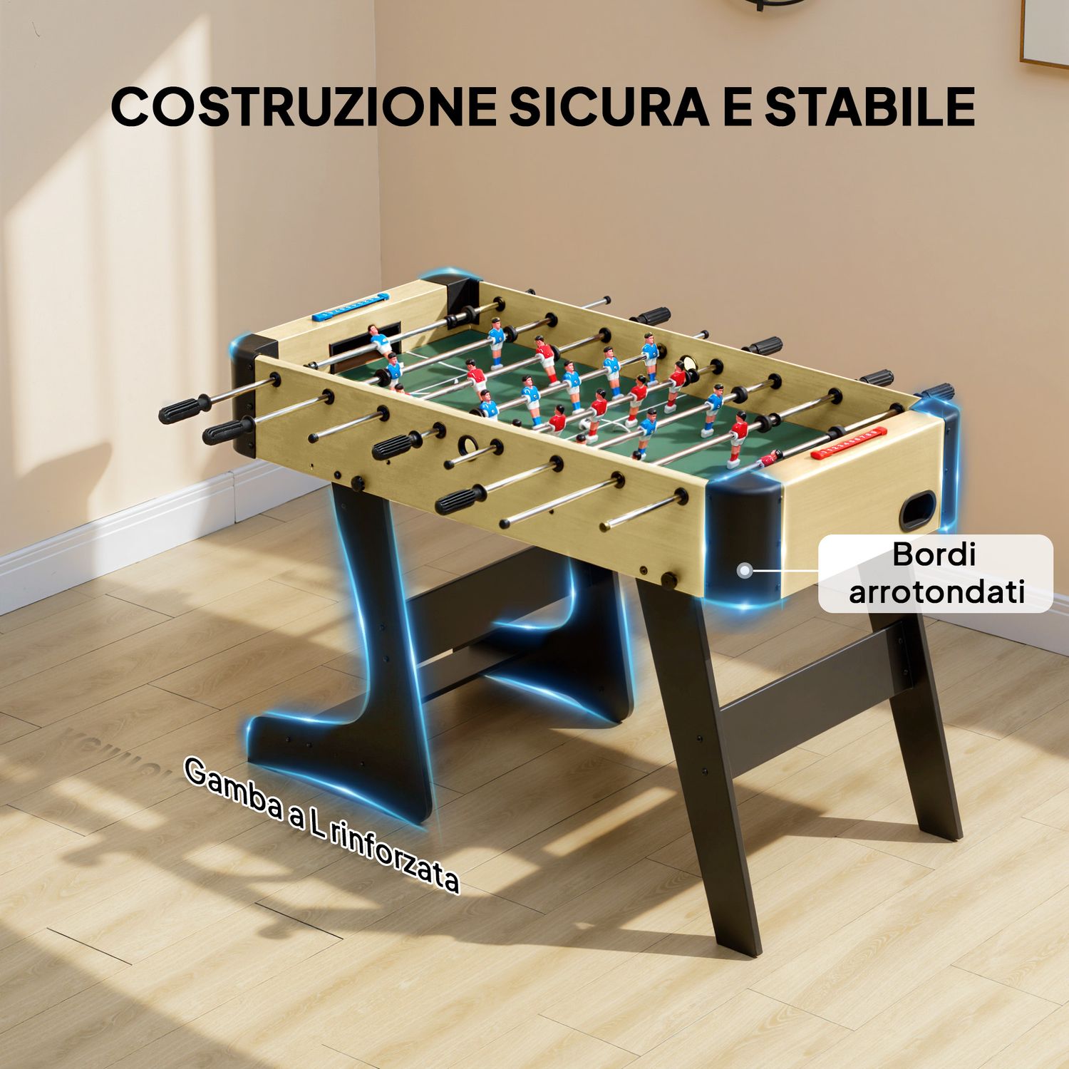 Calcio balilla pieghevole con impugnature antiscivolo, 2 palline e segnapunti, verde e color legno - 