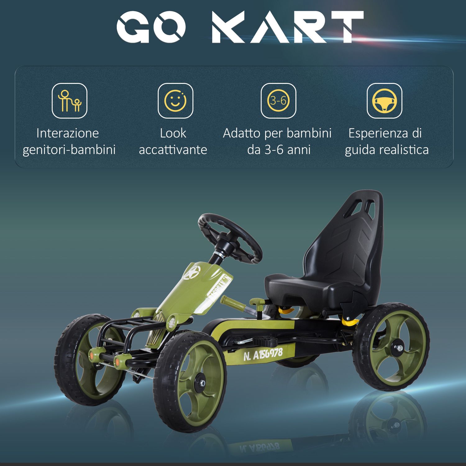 Go kart a pedali per bambini da 3-6 anni con sedile regolabile e freno a mano, verde - 