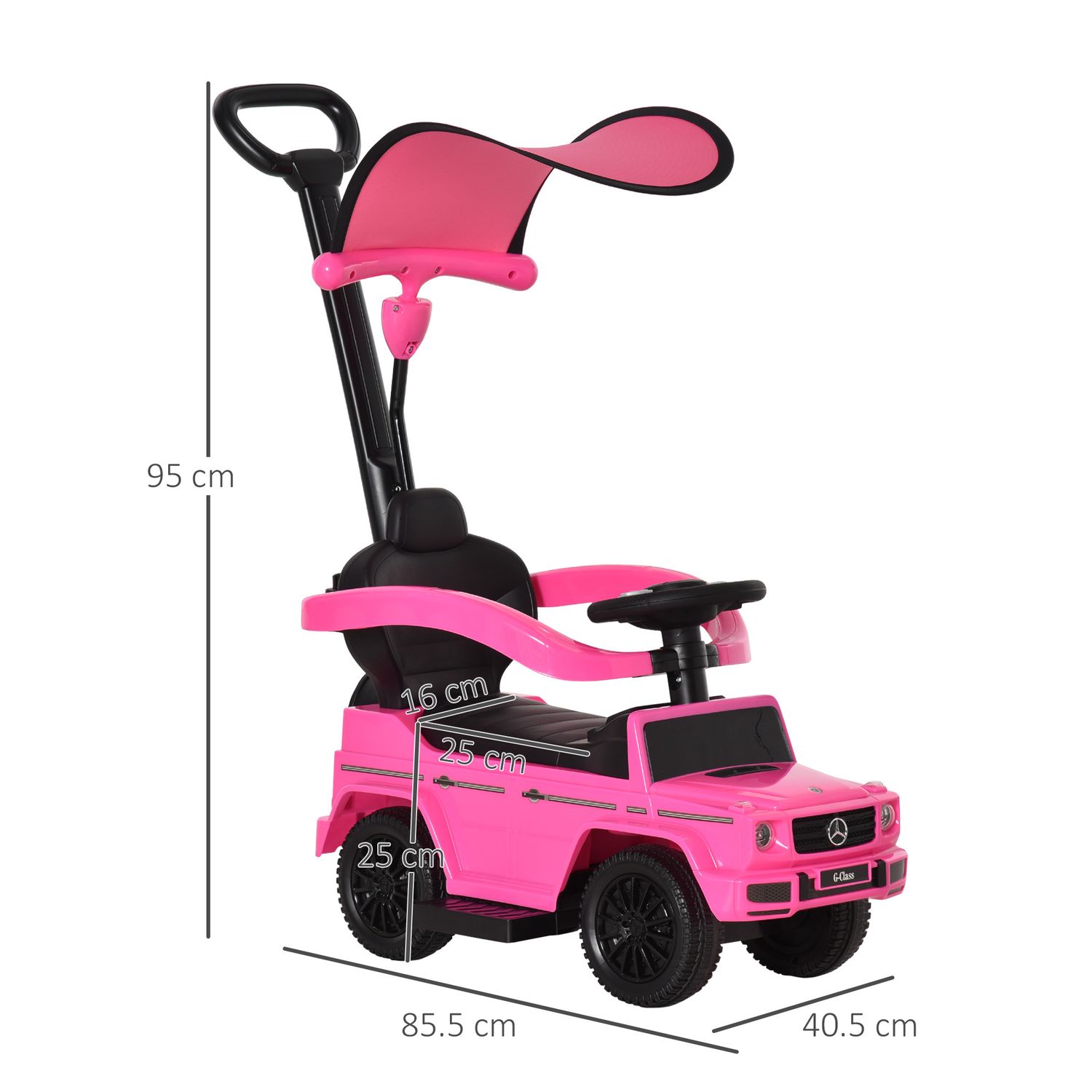Macchina a spinta per bambini 12-36 mesi con licenza mercedes, tettuccio e maniglia, 85.5x40.5x95 cm, rosa - 