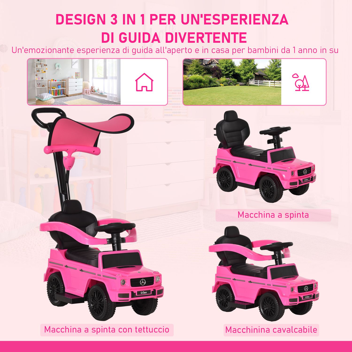 Macchina a spinta per bambini 12-36 mesi con licenza mercedes, tettuccio e maniglia, 85.5x40.5x95 cm, rosa - 