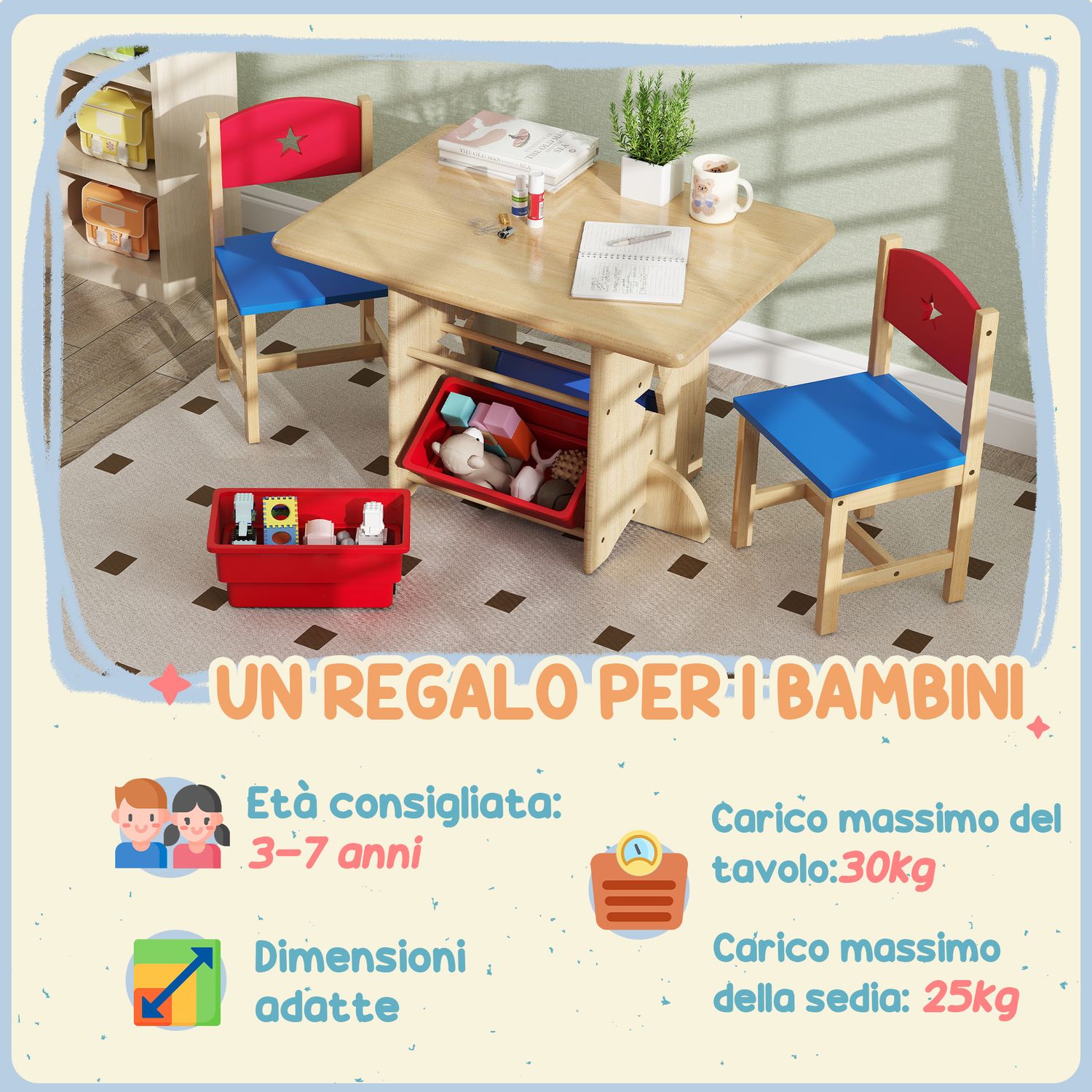 Set tavolo e sedie per bambini 3-7 anni con 2 sedie e tavolo con 4 contenitori, in legno e pp, color legno - 