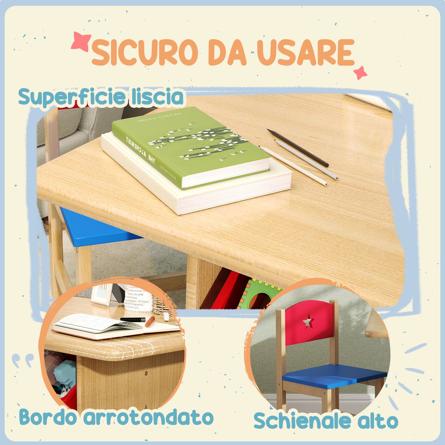 Set tavolo e sedie per bambini 3-7 anni con 2 sedie e tavolo con 4 contenitori, in legno e pp, color legno - 