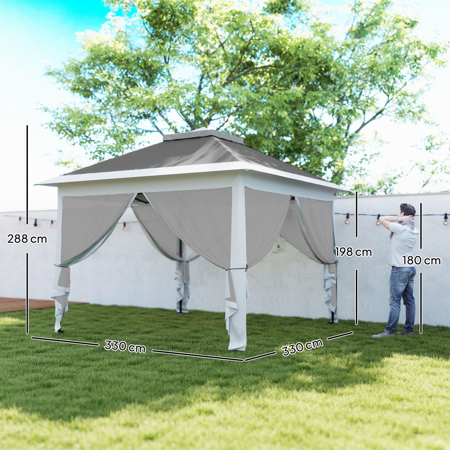 Gazebo da esterno ad altezza regolabile con zanzariere, in metallo e tessuto oxford, 3.3x3.3x2.8 m, grigio scuro - 