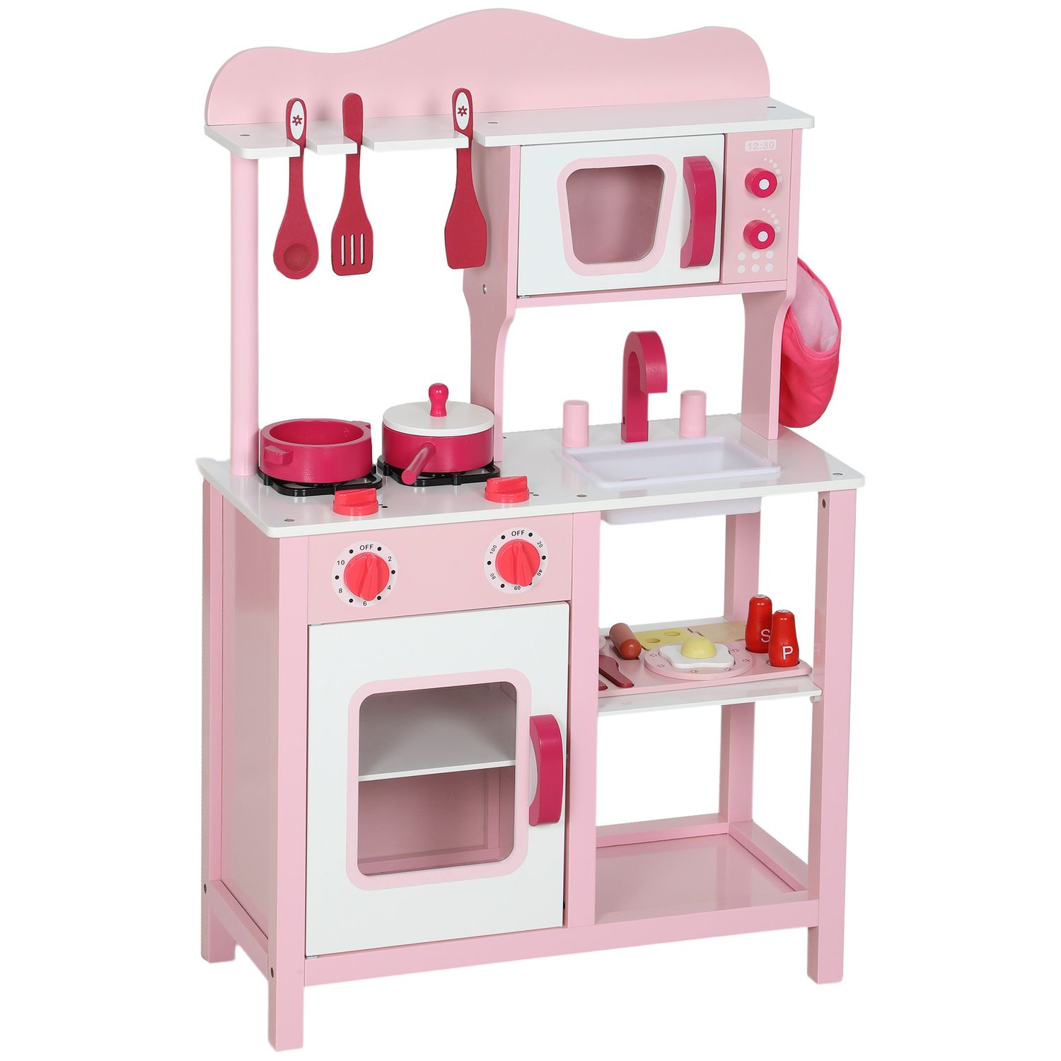 Cucina giocattolo per bambini 3+ anni con microonde, piano cottura e lavandino, in legno, 55x24x86 cm, rosa - 