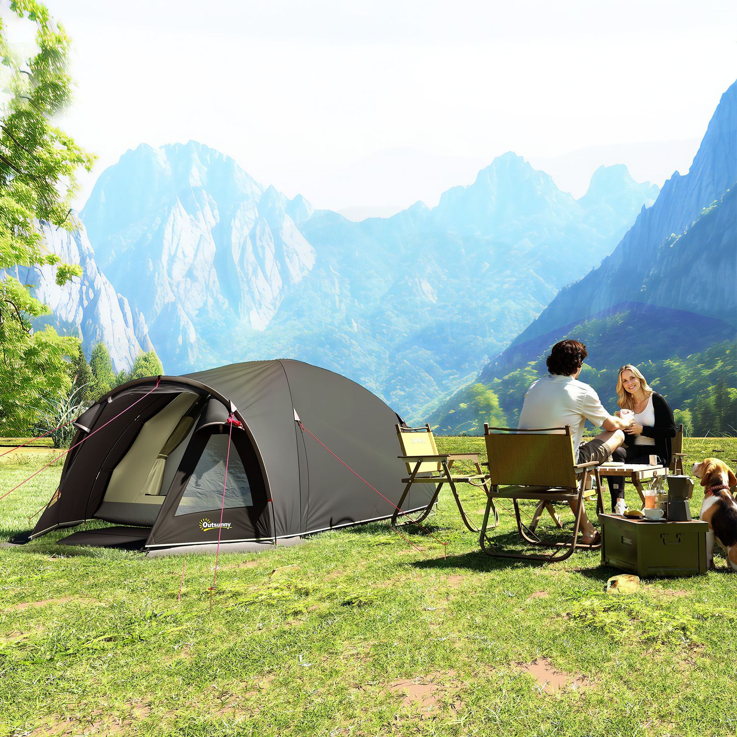 Tenda a tunnel per 2 persone con finestre laterali e gancio, in poliestere 190t e pe, 3.3x1.9x1.2 m, nero - 