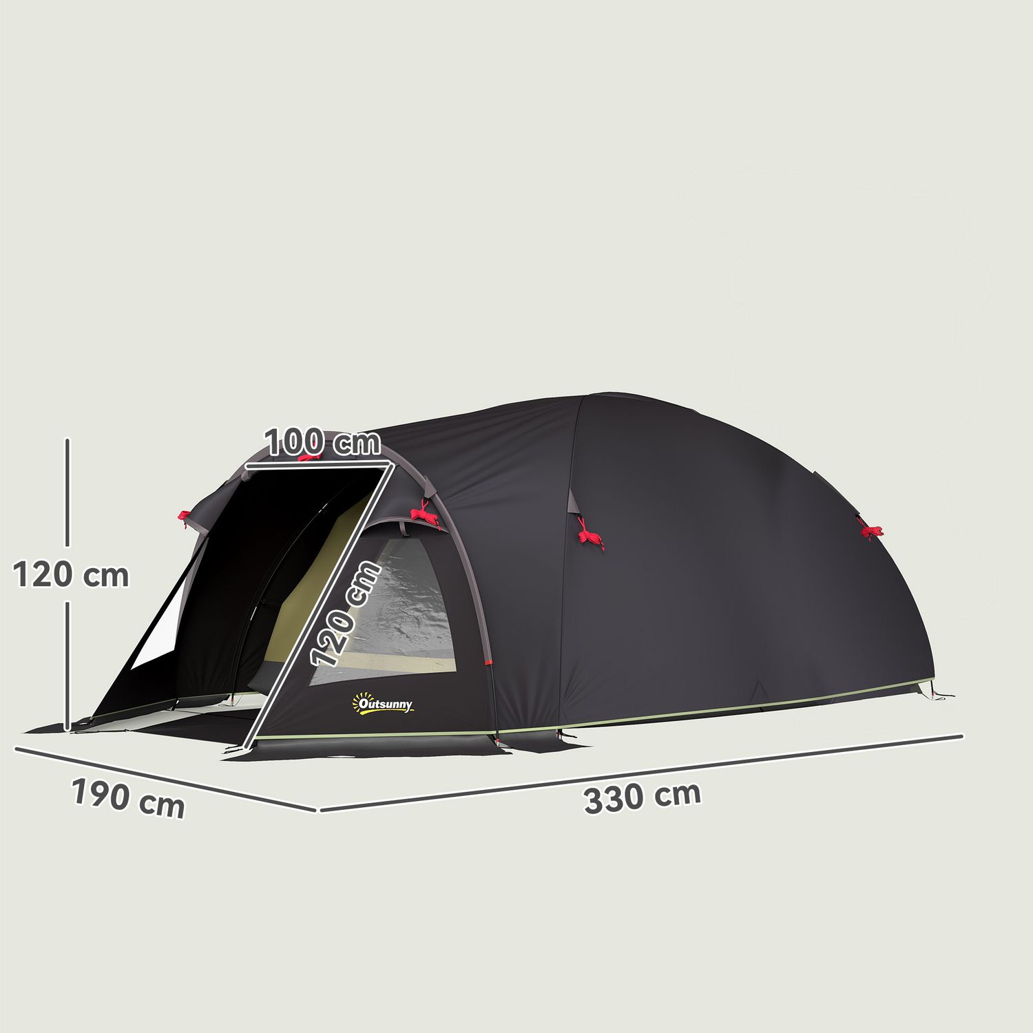 Tenda a tunnel per 2 persone con finestre laterali e gancio, in poliestere 190t e pe, 3.3x1.9x1.2 m, nero - 
