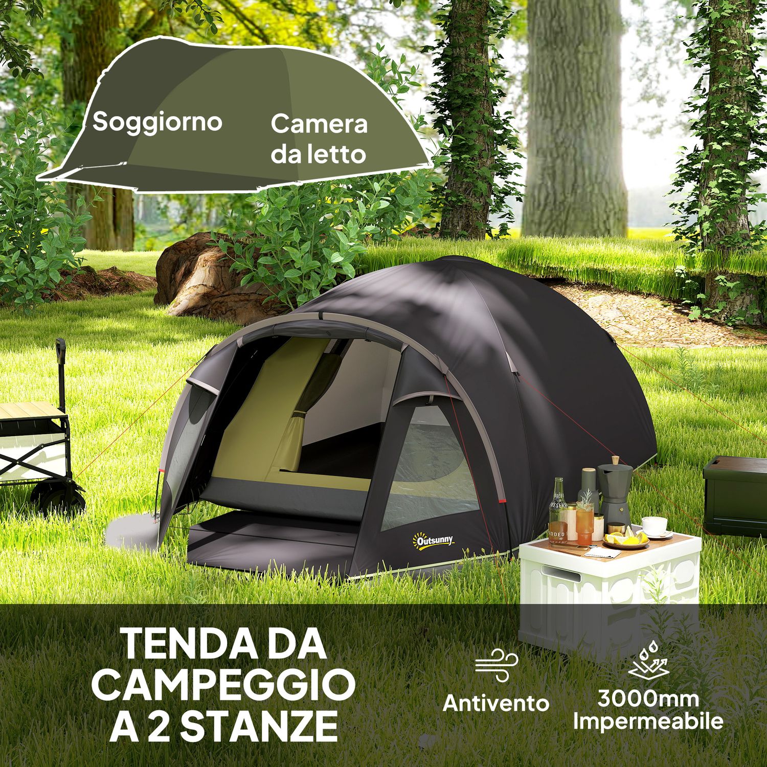 Tenda a tunnel per 2 persone con finestre laterali e gancio, in poliestere 190t e pe, 3.3x1.9x1.2 m, nero - 