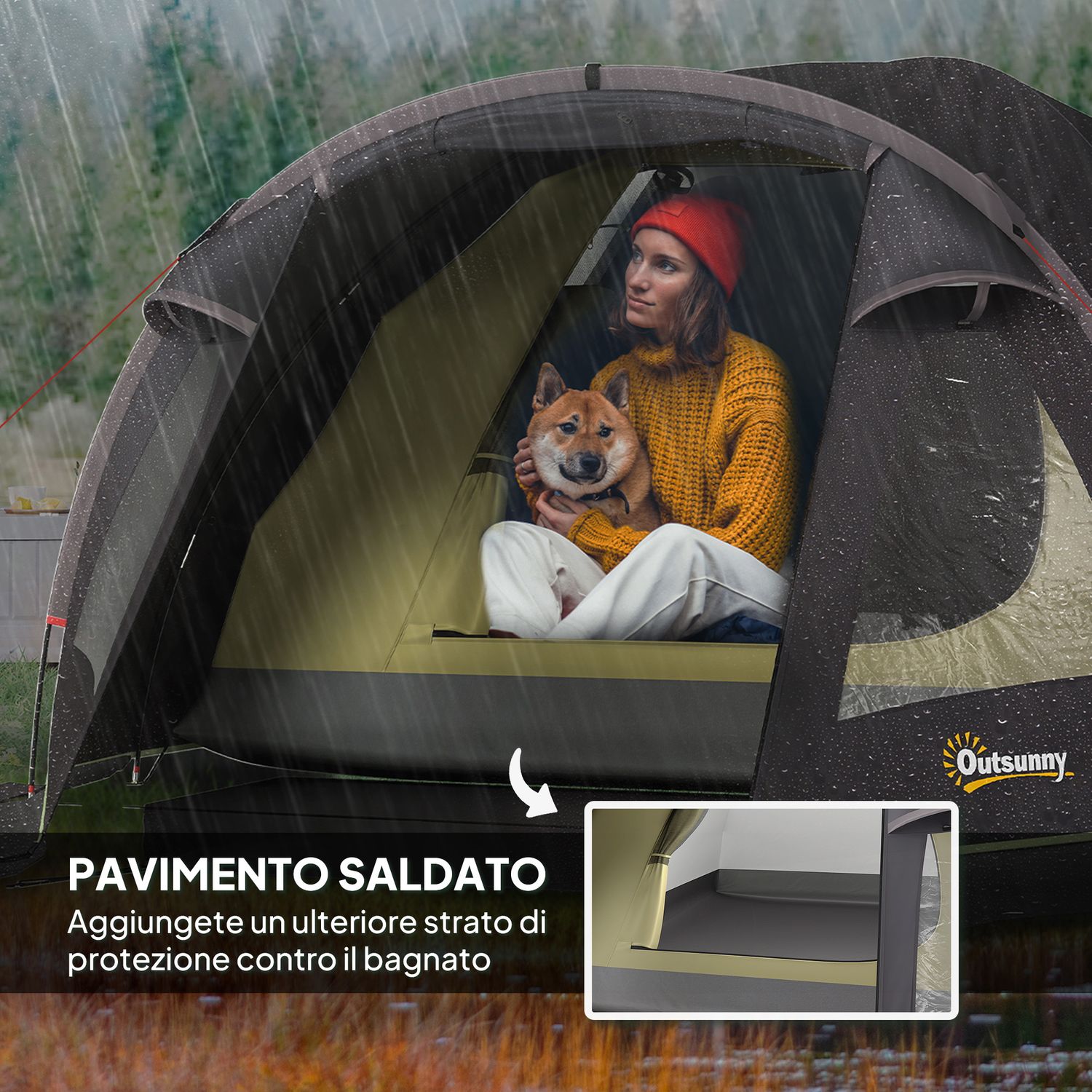 Tenda a tunnel per 2 persone con finestre laterali e gancio, in poliestere 190t e pe, 3.3x1.9x1.2 m, nero - 
