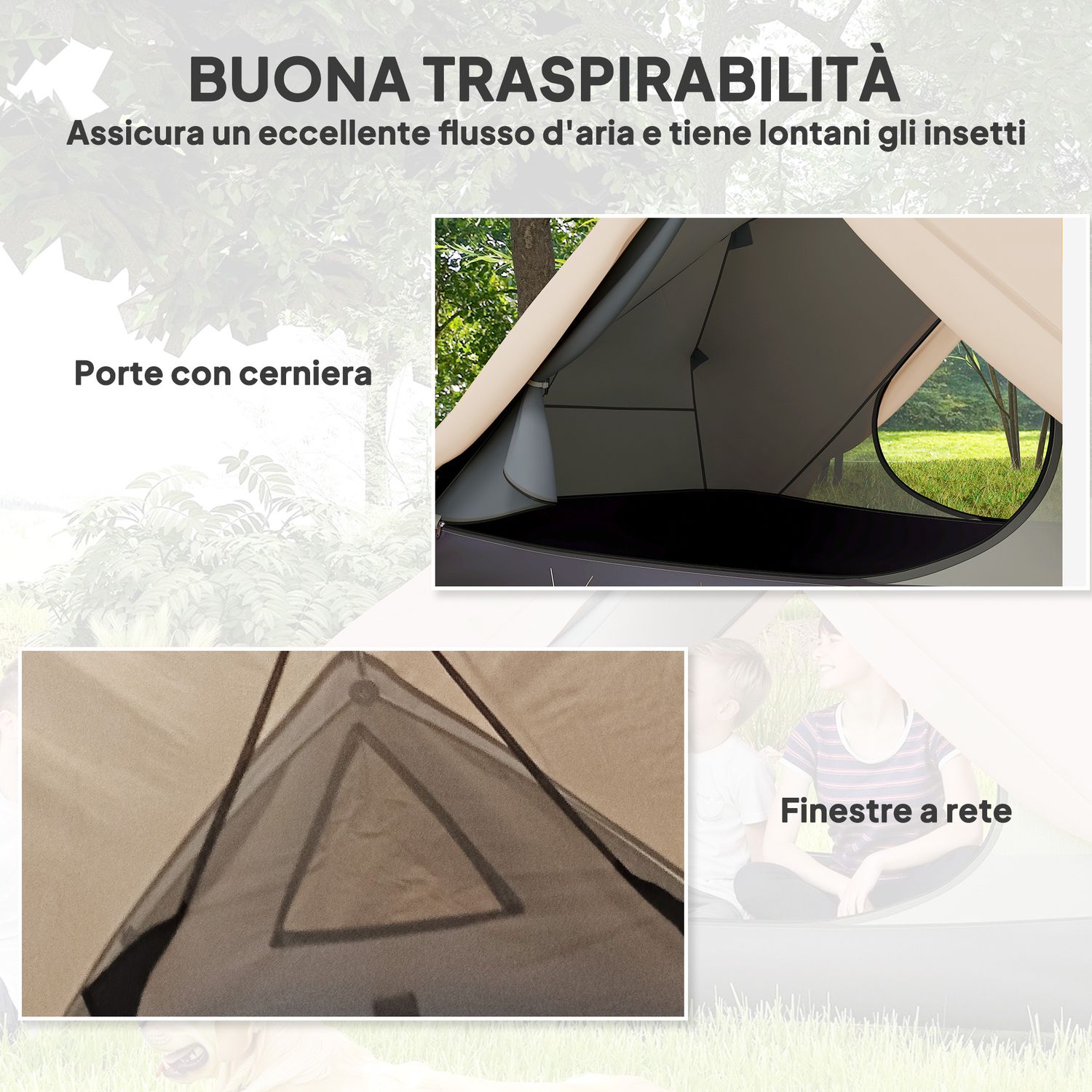 Tenda da campeggio 2 posti con 2 vestiboli, 2 porte, 2 finestre e borsa di trasporto, 2.8x2.25x1.1 cm, beige - 