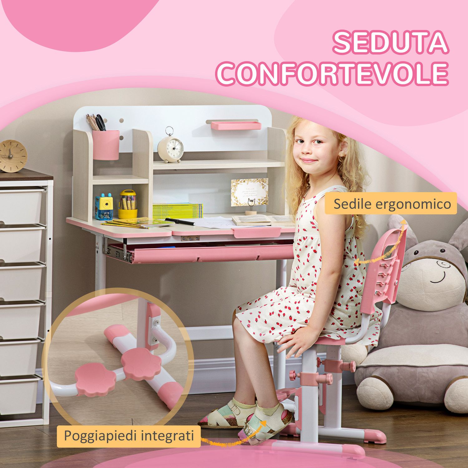 Set scrivania e sedia per bambini da 3 anni regolabile, tavolo inclinabile a 60° con cassetto e ripiani, rosa - 