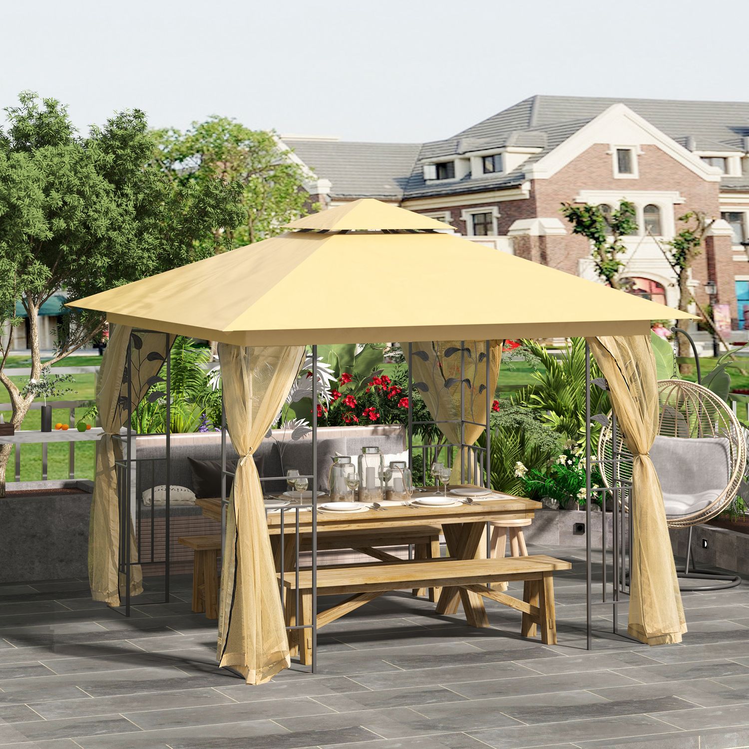Gazebo da giardino 3x3m con zanzariera, telaio in acciaio e doppio tettuccio, beige - 