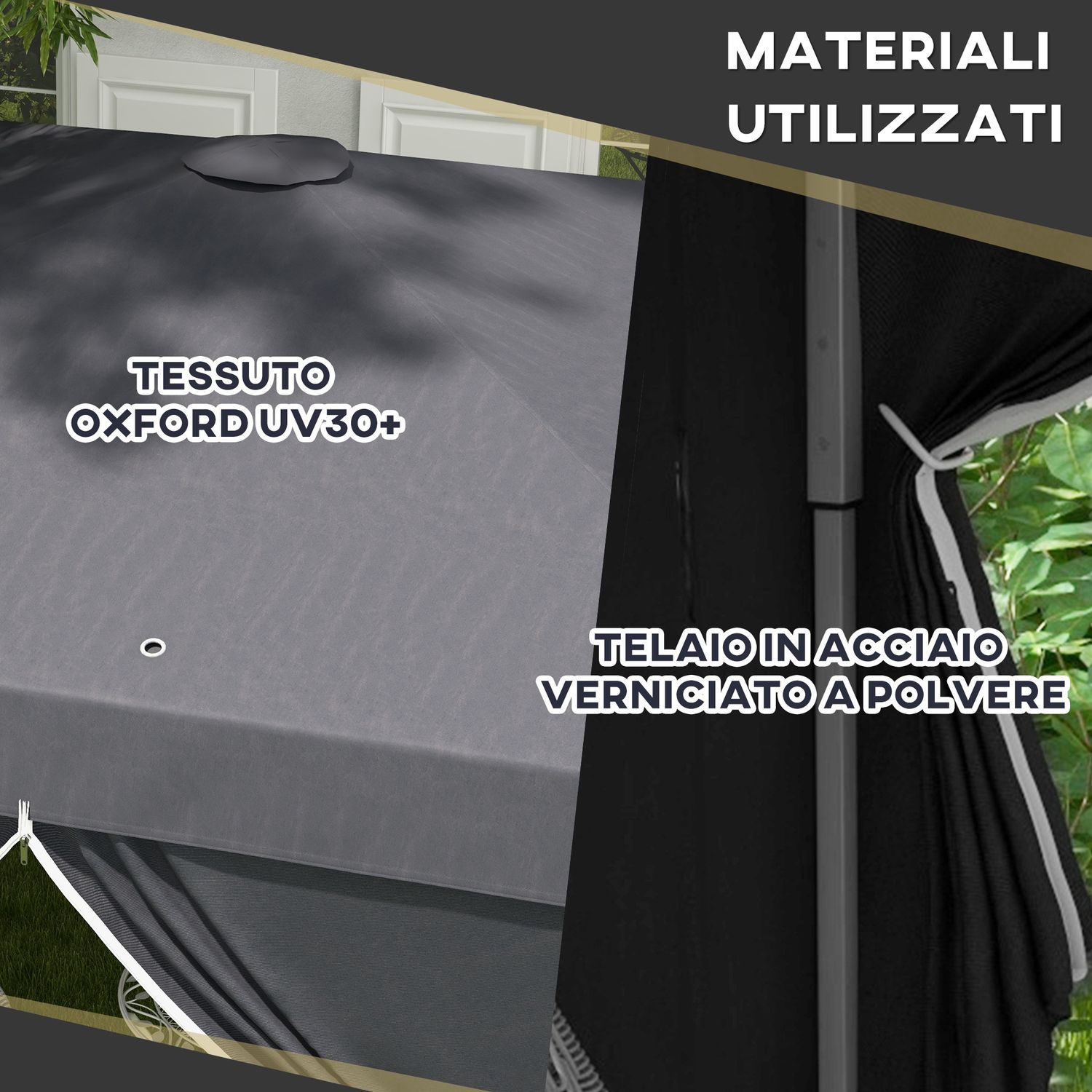 Gazebo 3x3 ad altezza regolabile con fori di drenaggio e borsa da trasporto, in metallo, grigio - 