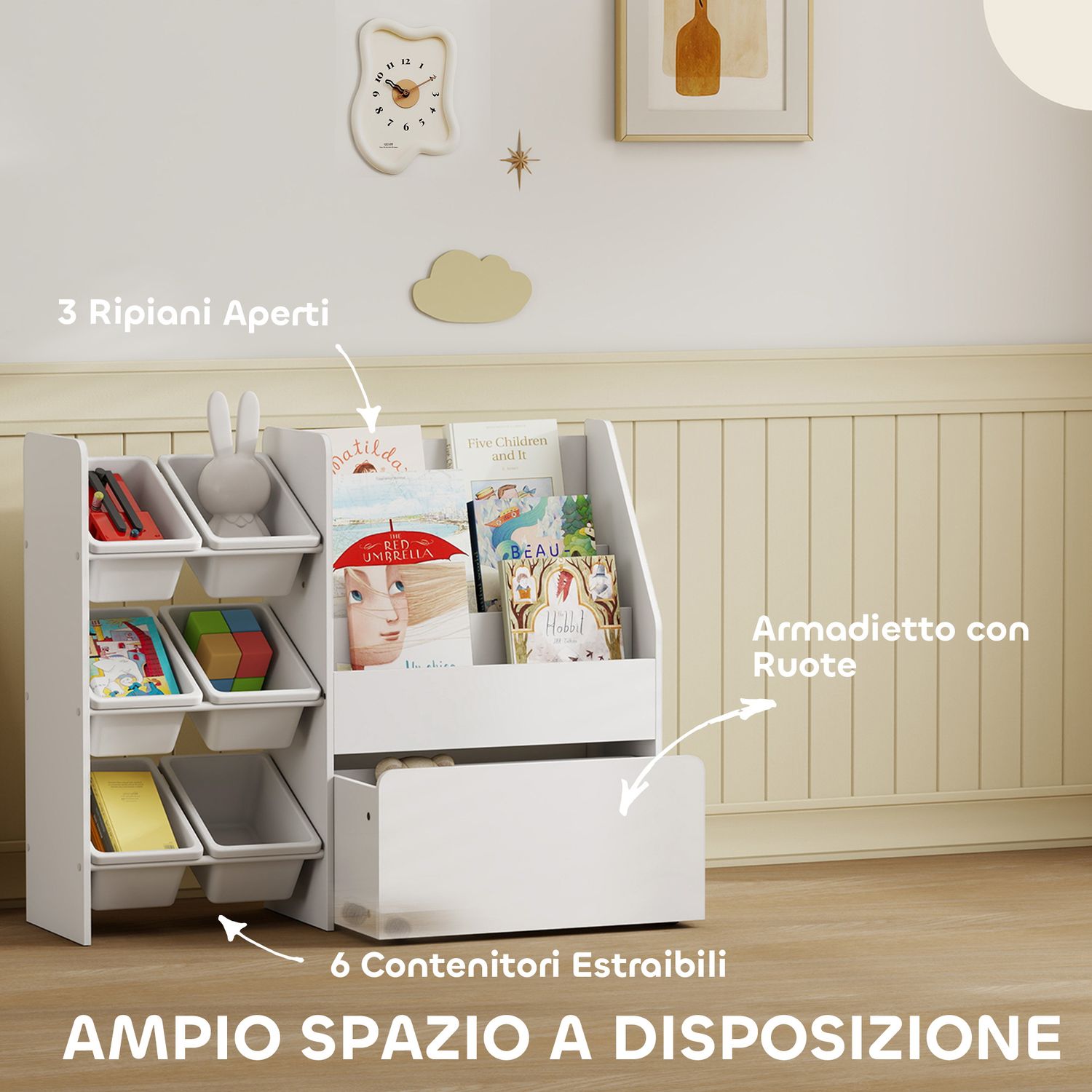 Scaffale portagiochi con 6 cesti, 3 ripiani e box inferiore, in legno, plastica e acciaio, 100x30x80 cm, bianco - 