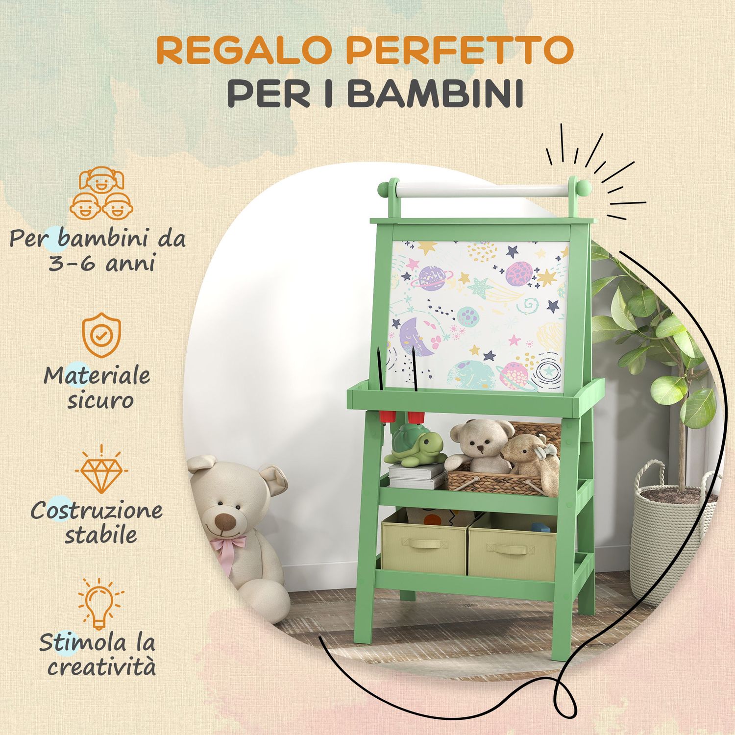 Lavagna per bambini con cavalletto 3 in 1, rotolo di carta e 2 contenitori, in legno, 59x48x118 cm, verde - 