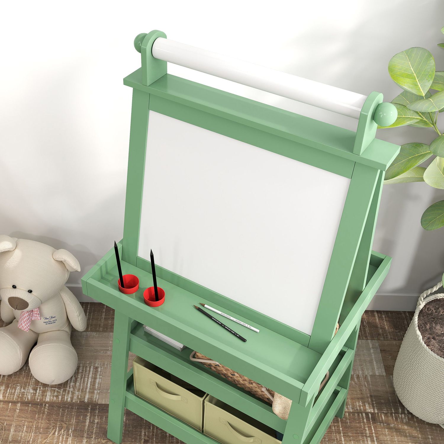 Lavagna per bambini con cavalletto 3 in 1, rotolo di carta e 2 contenitori, in legno, 59x48x118 cm, verde - 