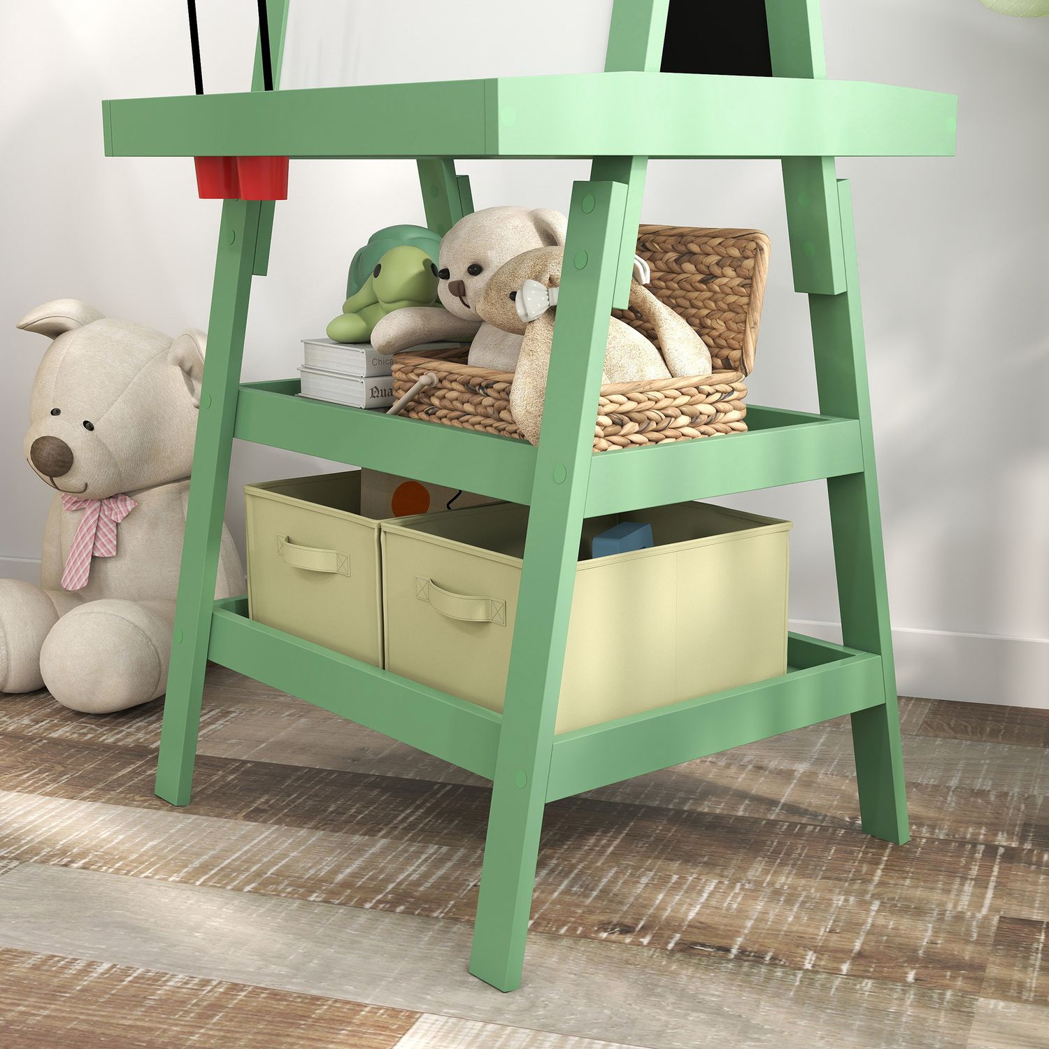 Lavagna per bambini con cavalletto 3 in 1, rotolo di carta e 2 contenitori, in legno, 59x48x118 cm, verde - 