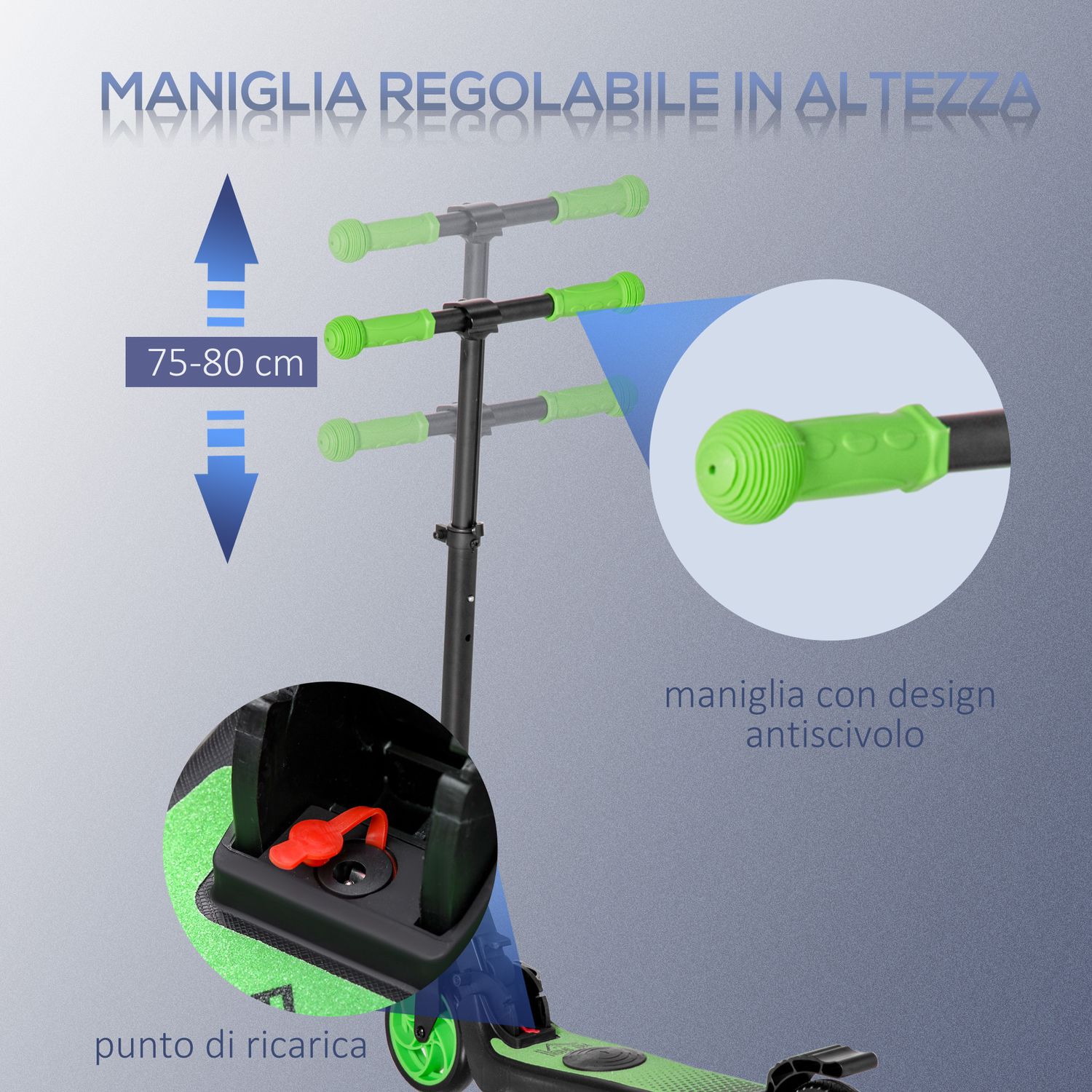 Monopattino elettrico pieghevole per bambini 6+ anni ad altezza regolabile, 71x36.5x75-80 cm, nero e verde - 