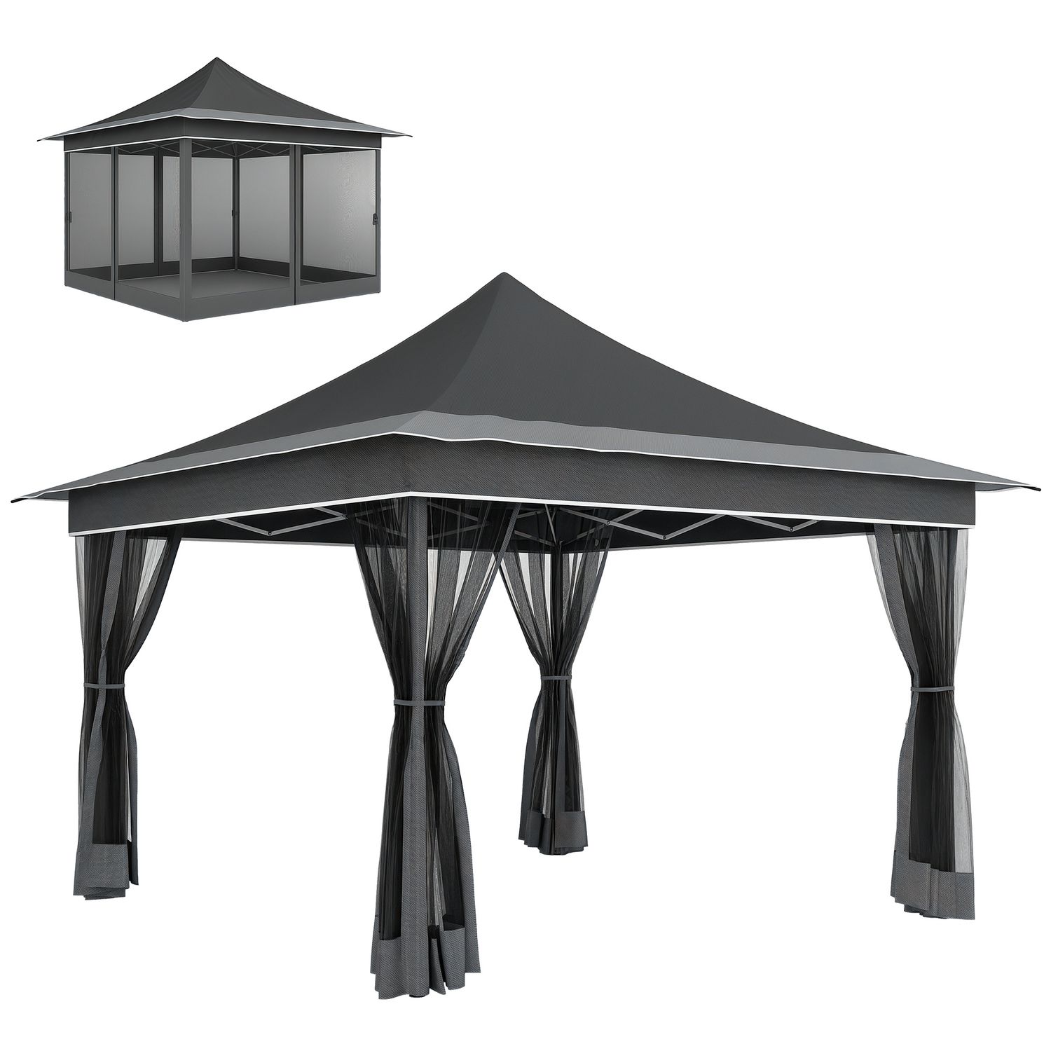 Gazebo da giardino ad altezza regolabile con zanzariera, in poliestere e metallo, 357x357x310 cm, grigio scuro - 