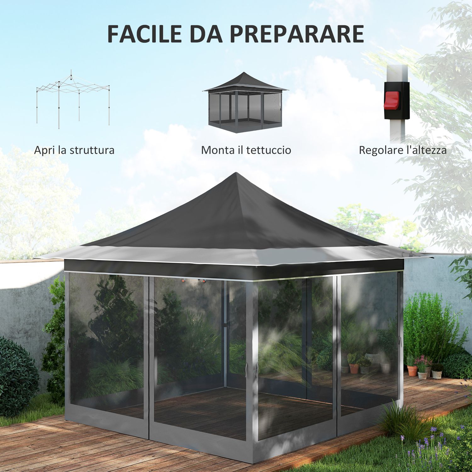 Gazebo da giardino ad altezza regolabile con zanzariera, in poliestere e metallo, 357x357x310 cm, grigio scuro - 