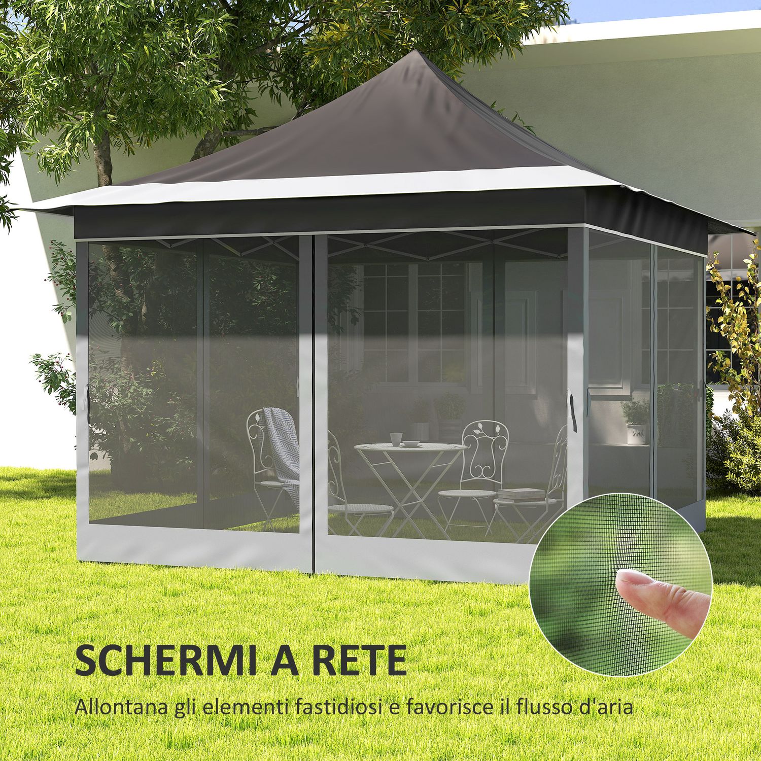 Gazebo da giardino ad altezza regolabile con zanzariera, in poliestere e metallo, 357x357x310 cm, grigio scuro - 