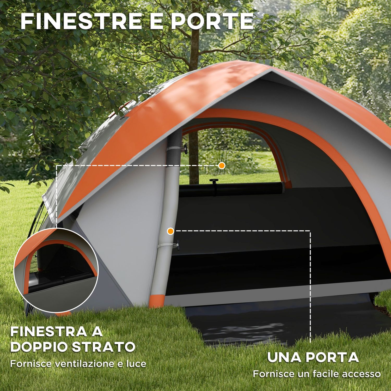 Tenda da campeggio 2 posti con finestra a rete e gancio, in poliestere, 210x150x110 cm, grigio e arancione - 