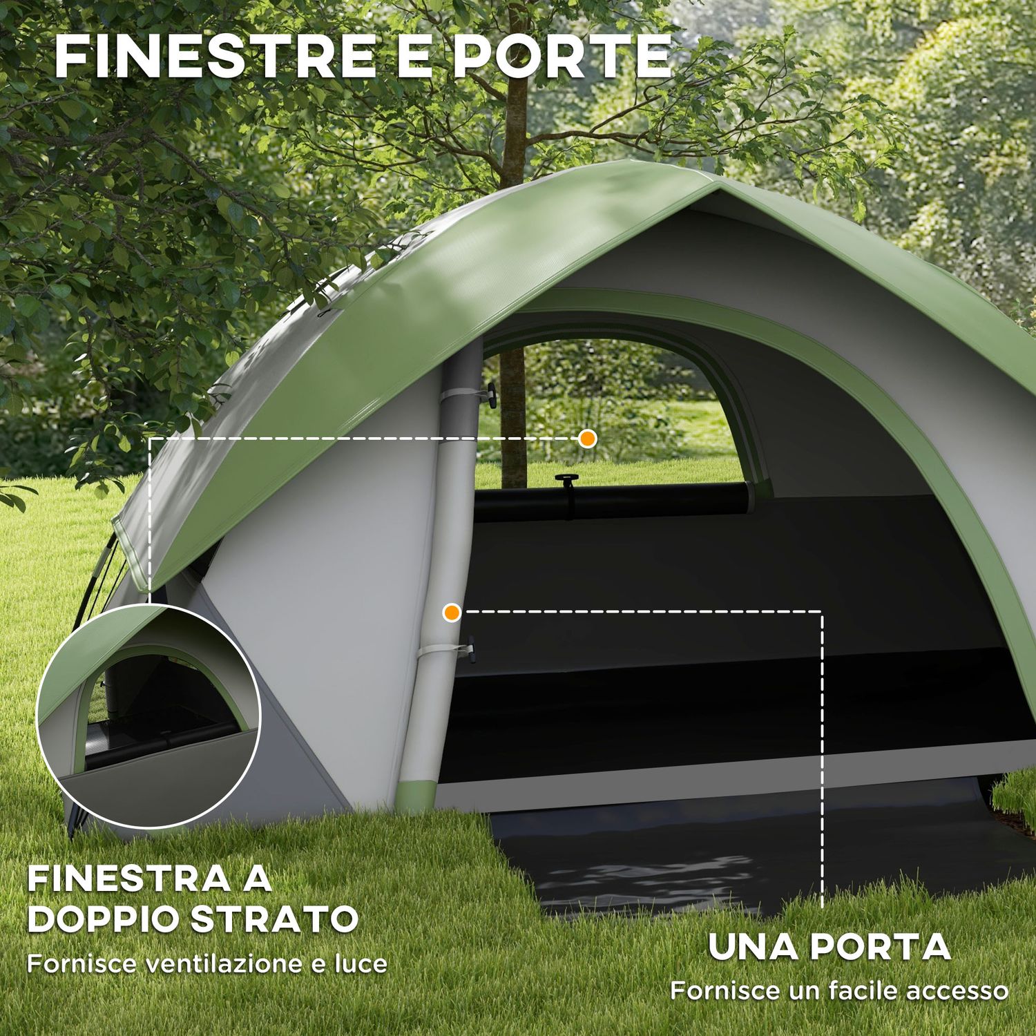 Tenda da campeggio 2 posti con finestra a rete, in poliestere, fibra di vetro e pe, 210x150x110 cm, grigio e verde - 