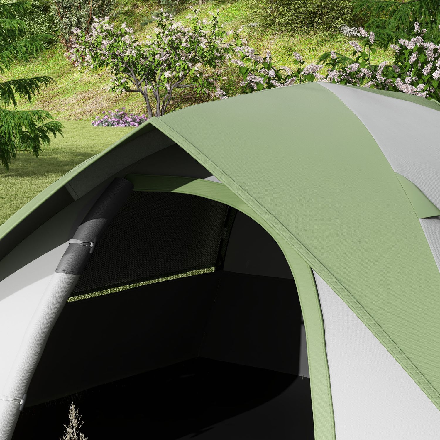 Tenda da campeggio 2 posti con finestra a rete, in poliestere, fibra di vetro e pe, 210x150x110 cm, grigio e verde - 