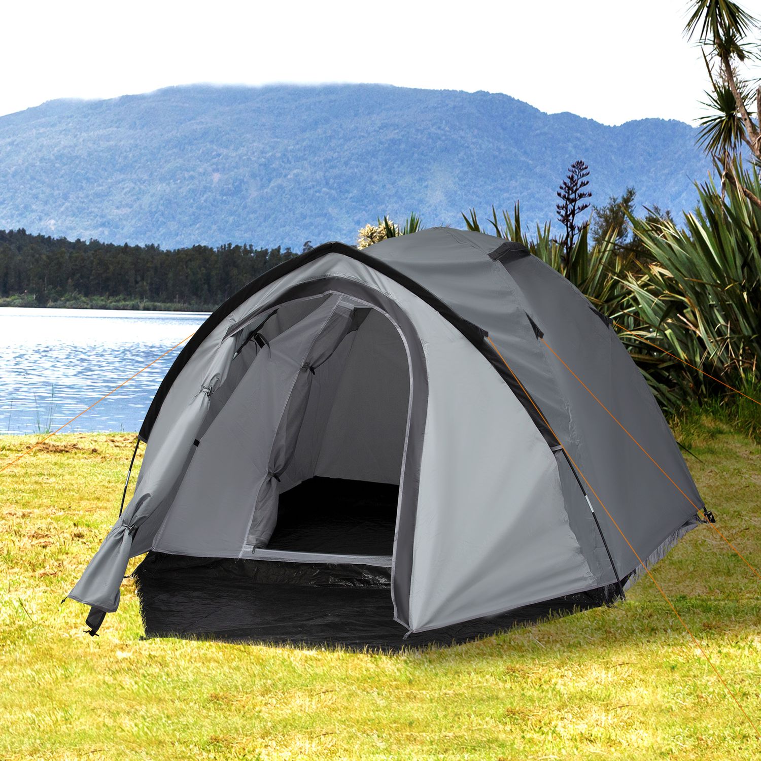 Tenda da campeggio 2 posti impermeabile con vestibolo, finestre e porte con cerniera, 325x183x130cm grigio - 