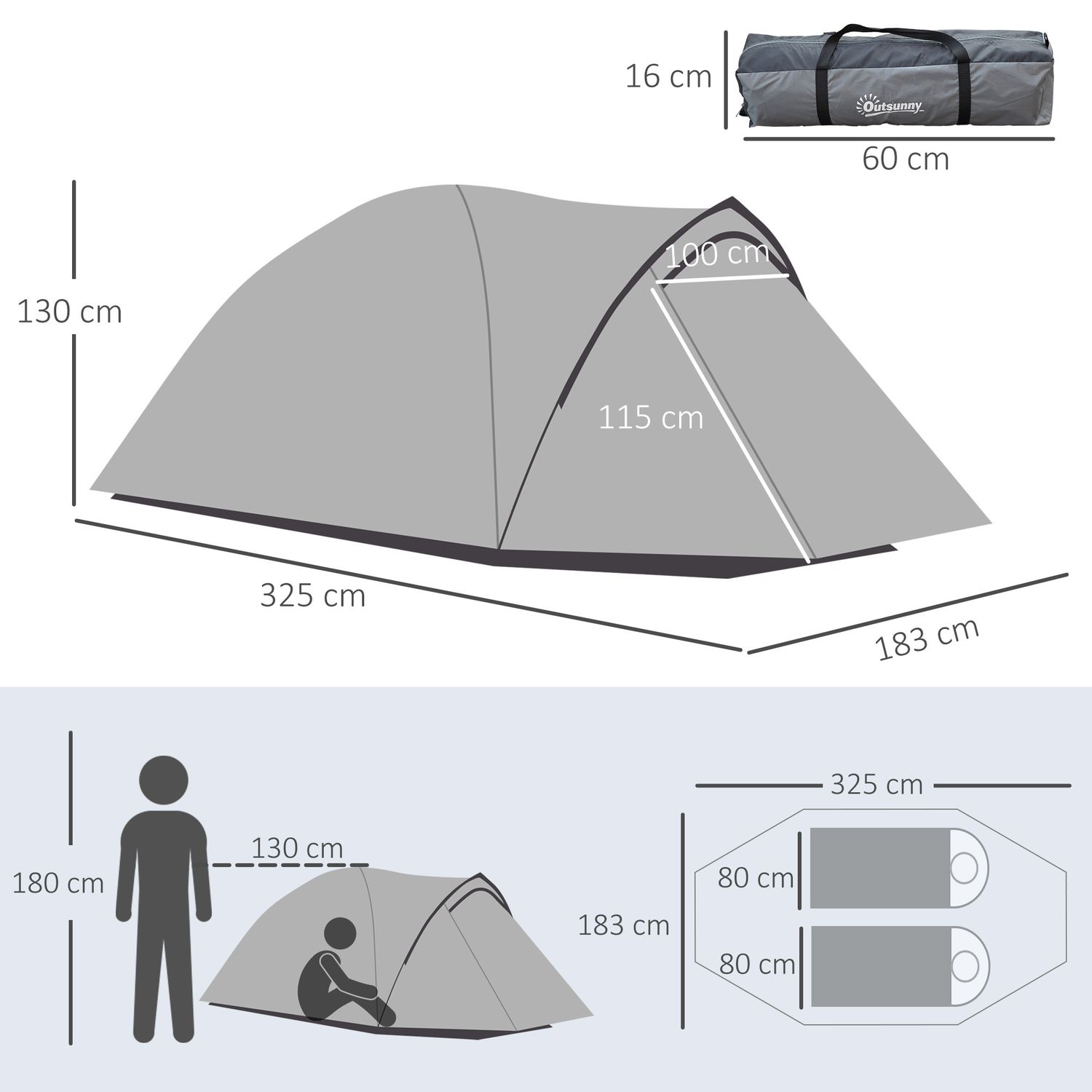 Tenda da campeggio 2 posti impermeabile con vestibolo, finestre e porte con cerniera, 325x183x130cm grigio - 