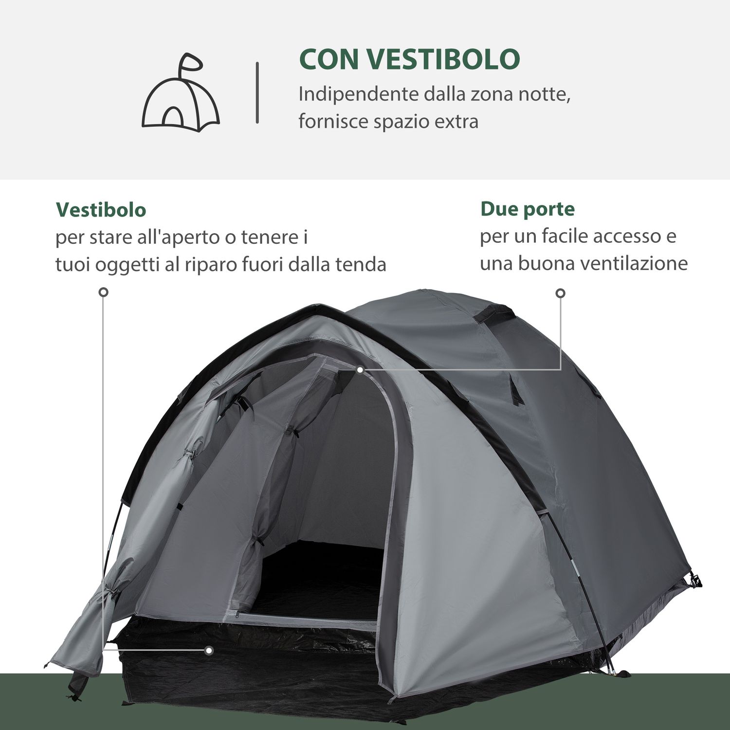 Tenda da campeggio 2 posti impermeabile con vestibolo, finestre e porte con cerniera, 325x183x130cm grigio - 
