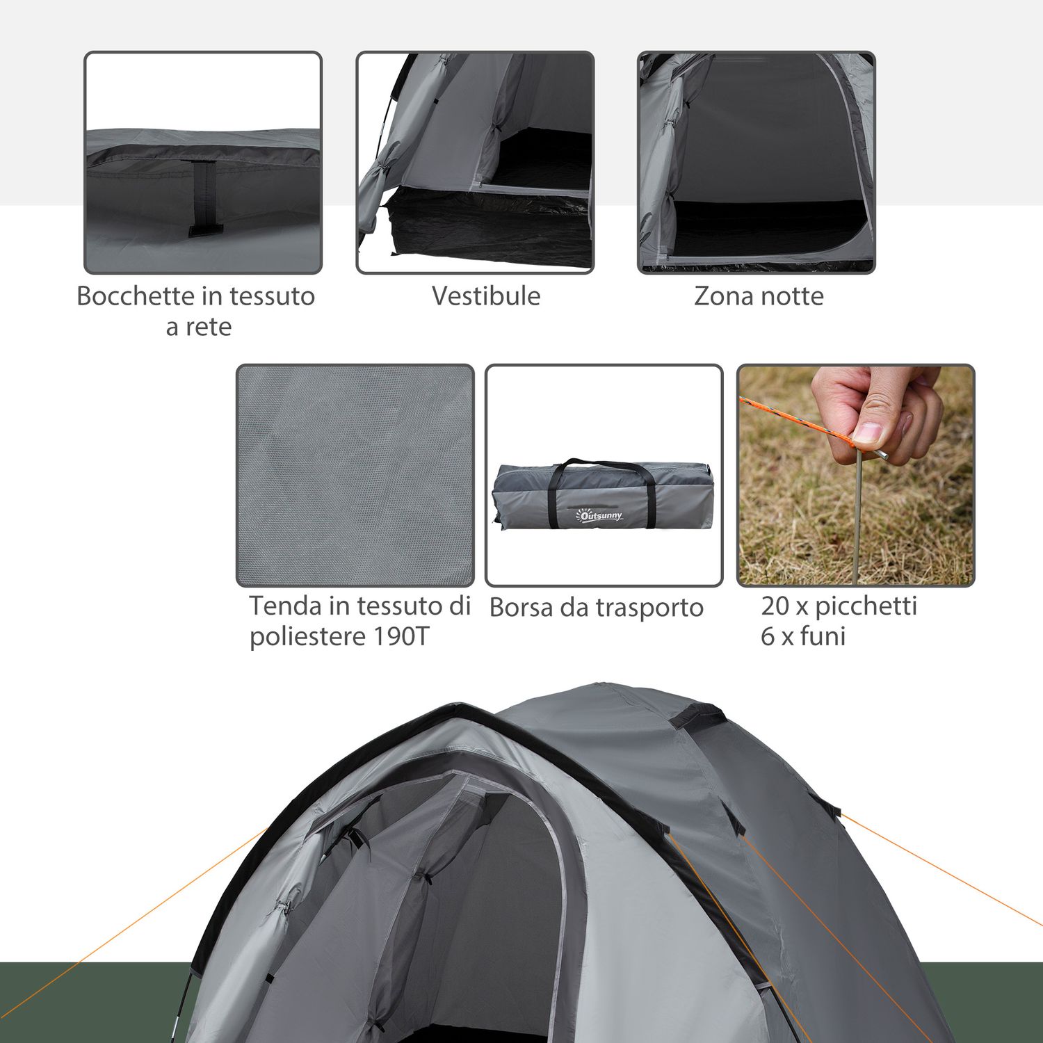 Tenda da campeggio 2 posti impermeabile con vestibolo, finestre e porte con cerniera, 325x183x130cm grigio - 