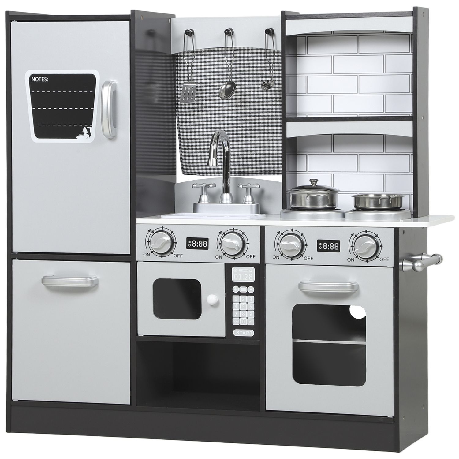 Cucina giocattolo per bambini 3-8 anni in legno con accessori, frigo, lavandino e manopole con suoni, marrone - 