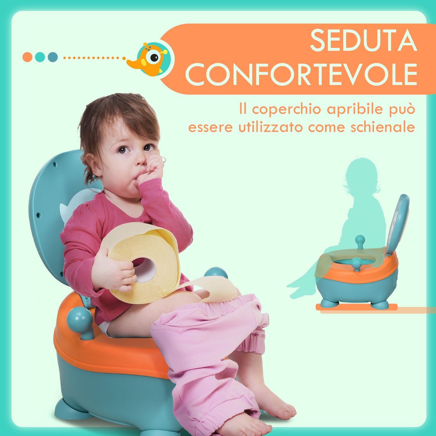 Vasino per bambini da 6 mesi a forma di alieno, seduta ergonomica, schienale e vaschetta rimovibile, blu - 