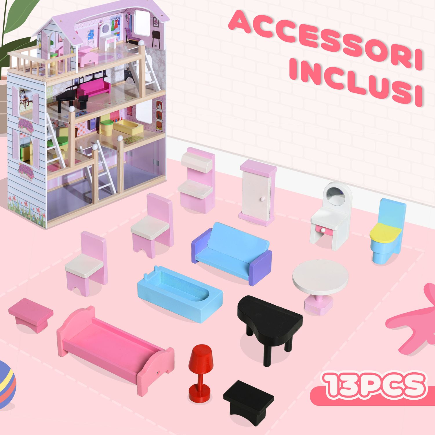 Casa delle bambole per bambini 3+ anni in legno di pino e mdf a 4 piani con 13 accessori, rosa, 60x30x80 cm - 