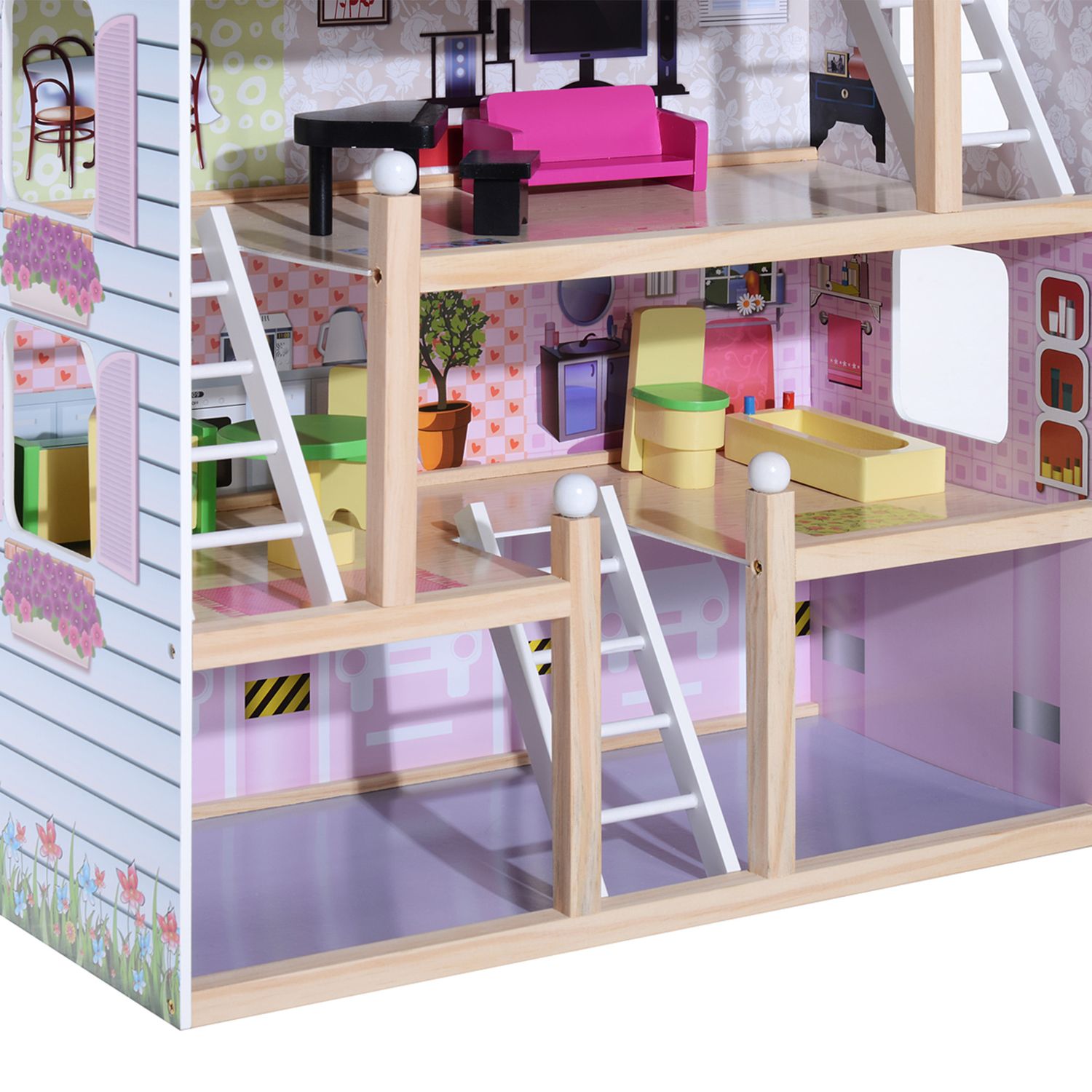 Casa delle bambole per bambini 3+ anni in legno di pino e mdf a 4 piani con 13 accessori, rosa, 60x30x80 cm - 