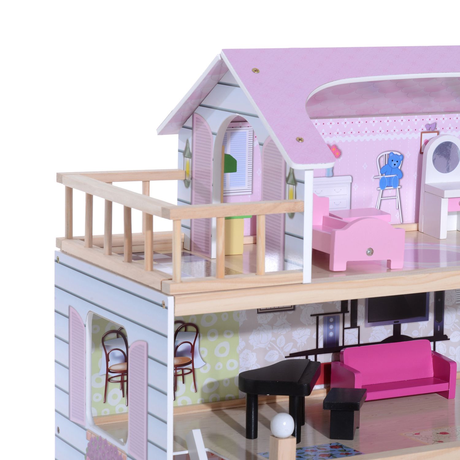 Casa delle bambole per bambini 3+ anni in legno di pino e mdf a 4 piani con 13 accessori, rosa, 60x30x80 cm - 