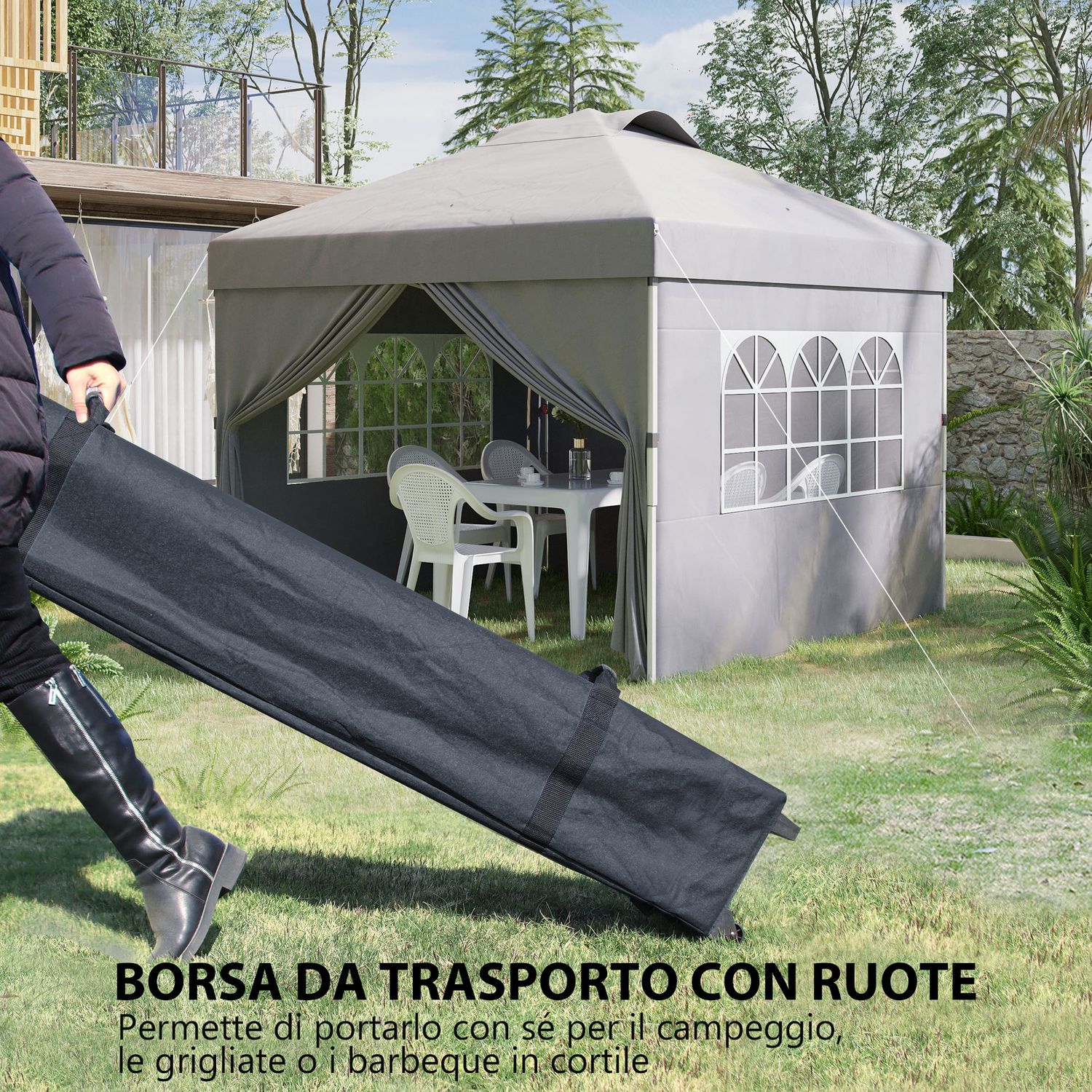 Gazebo pieghevole 3x3 m con altezza regolabile su 3 livelli, finestre e borsa di trasporto, grigio chiaro - 