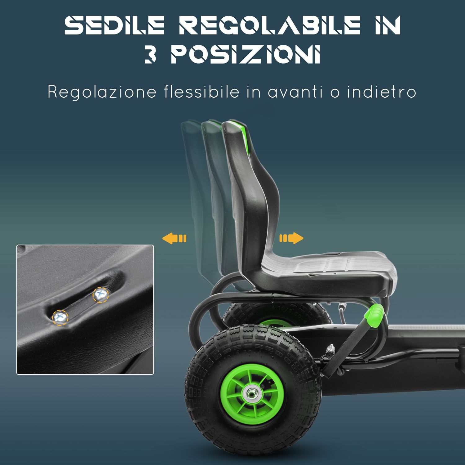 Go kart a pedali per bambini 5-12 anni con sedile regolabile, in metallo e pp 121x58x61 cm, verde e nero - 