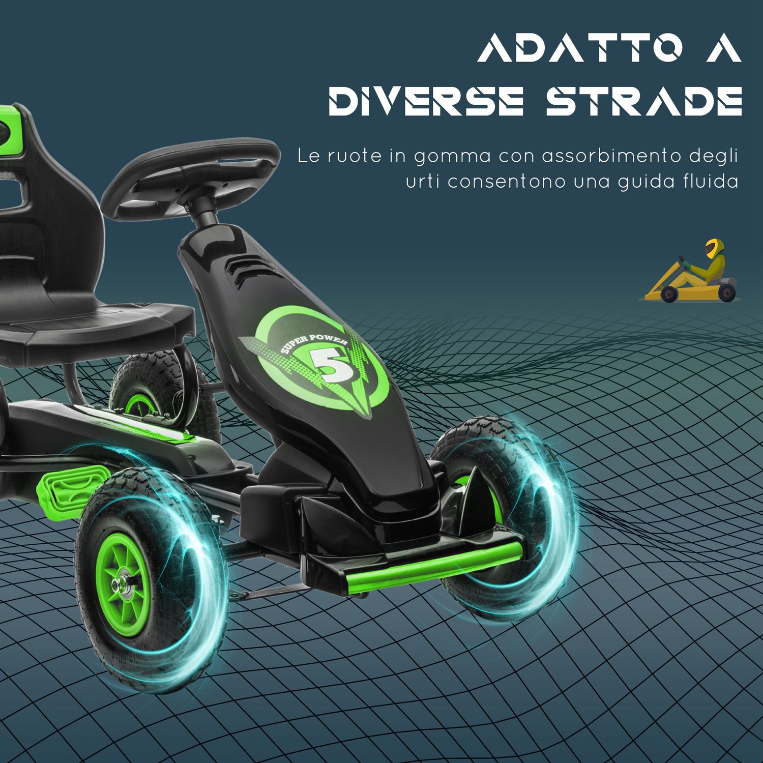 Go kart a pedali per bambini 5-12 anni con sedile regolabile, in metallo e pp 121x58x61 cm, verde e nero - 